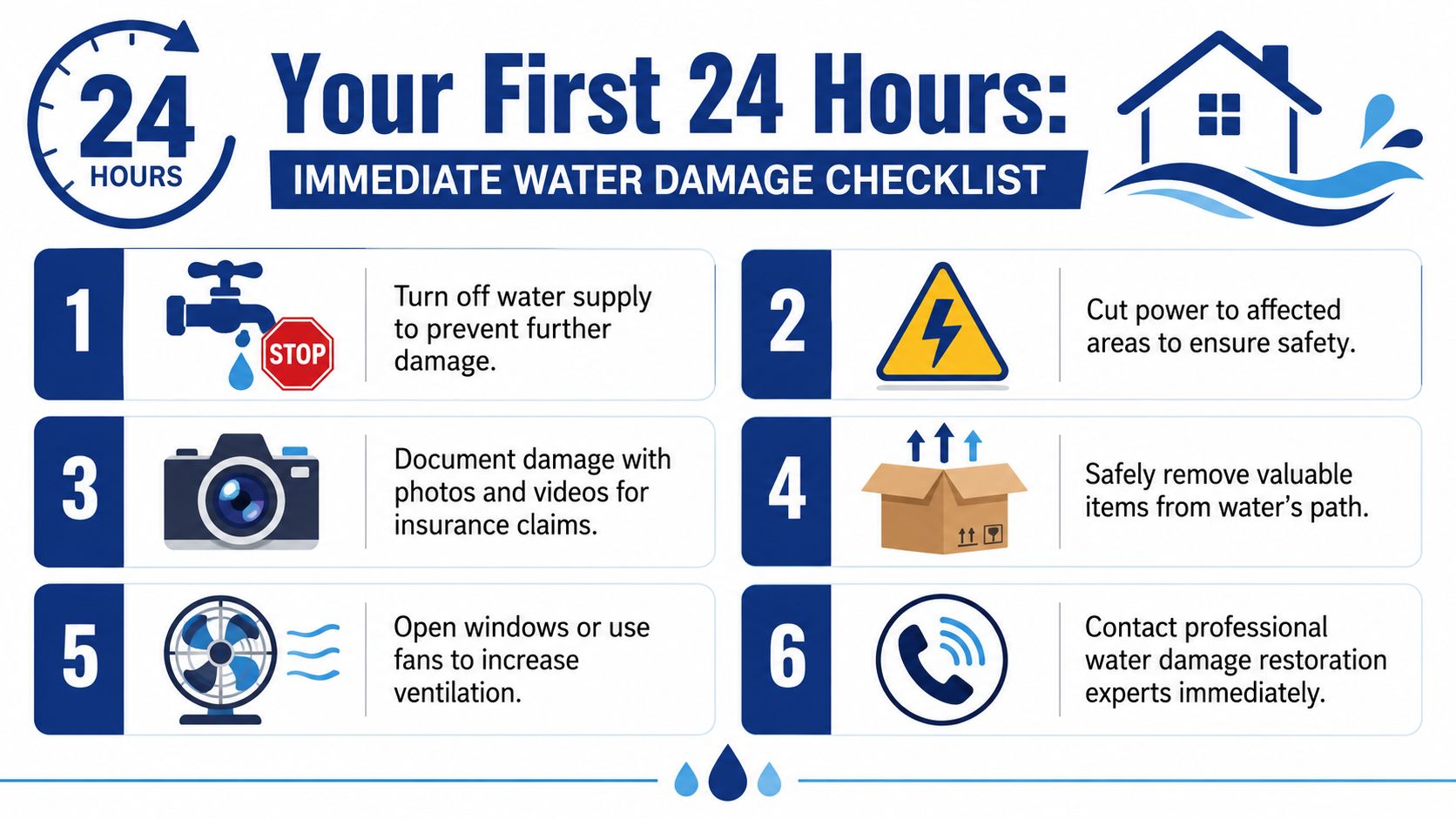 An infographic checklist for the first 24 hours of immediate water damage cleanup and safety steps.