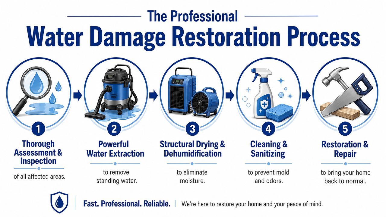 A five-step infographic showing the professional water damage restoration process from inspection to home repair.