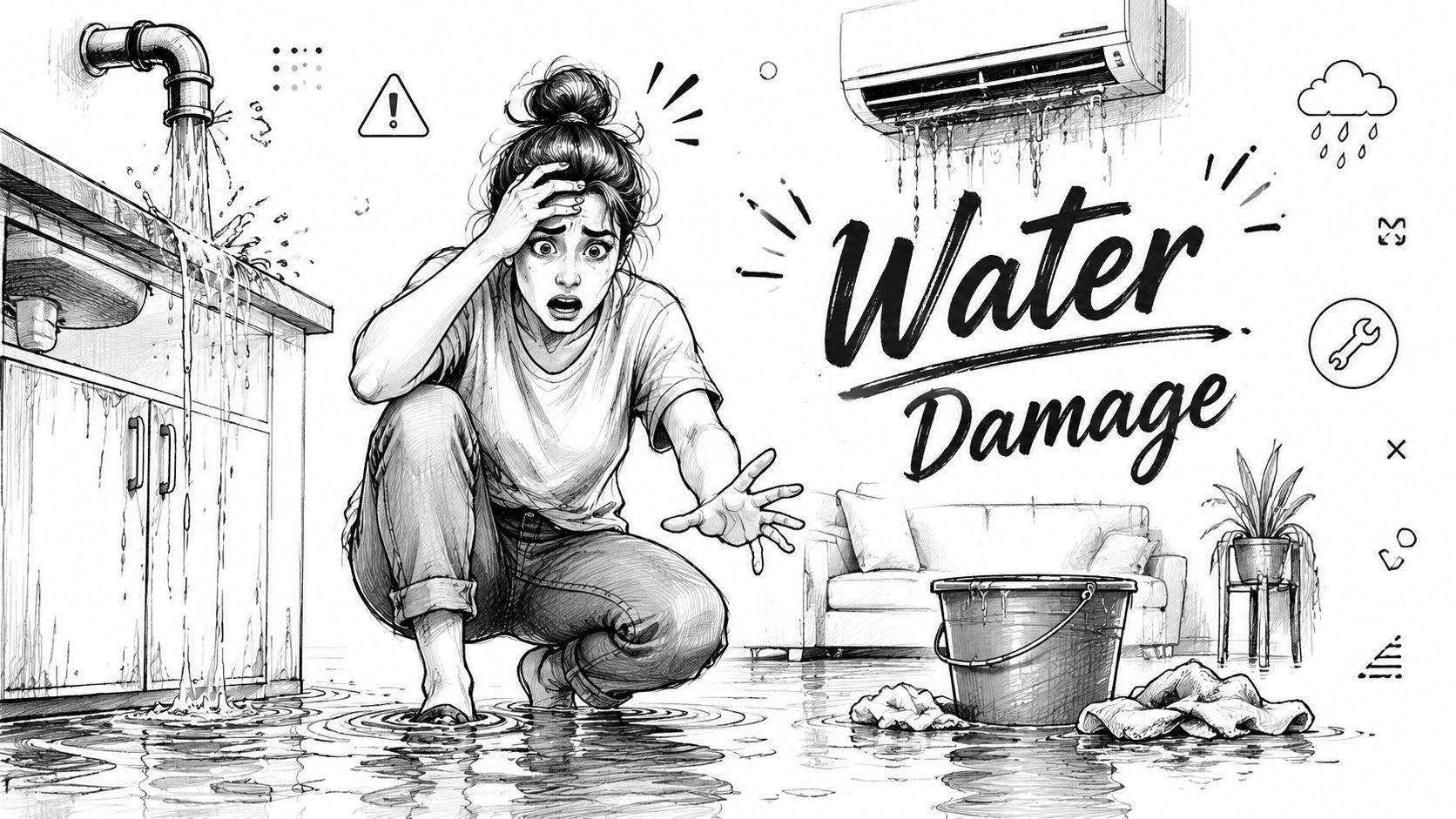 A distressed woman reacts to water leaking from a pipe and an air conditioner in her home.