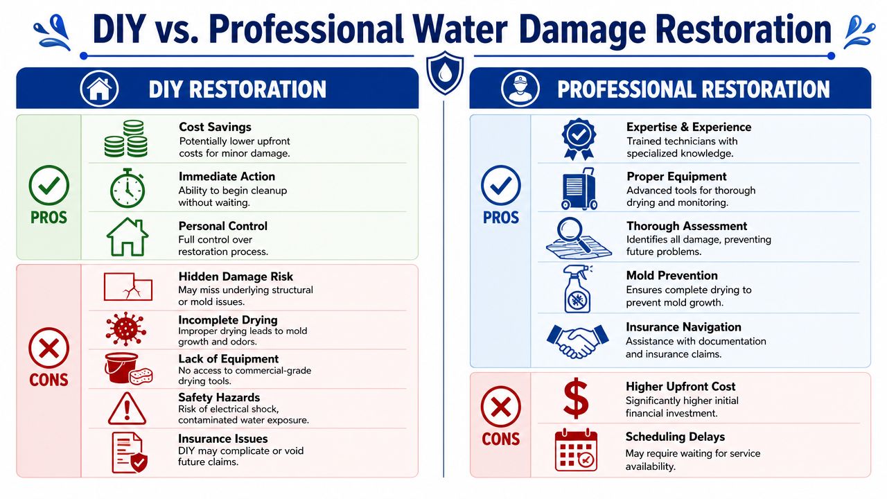A comparison chart outlining the pros and cons of DIY versus professional water damage restoration services.