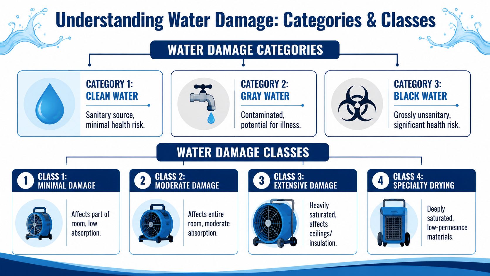 An infographic explaining the categories and classes of water damage for residential property restoration services.