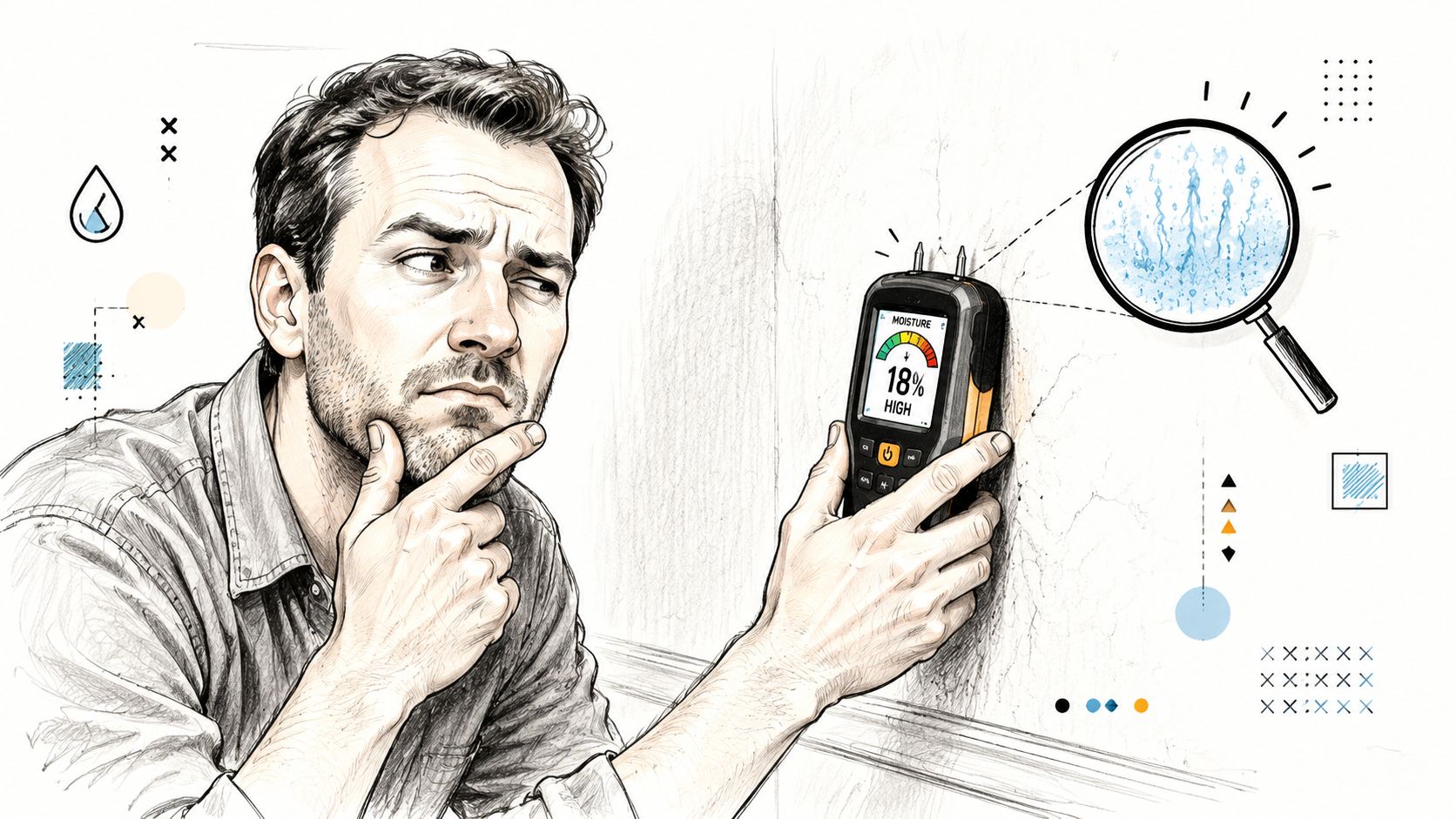 A concerned man using a moisture meter to detect a water leak behind a wall surface.