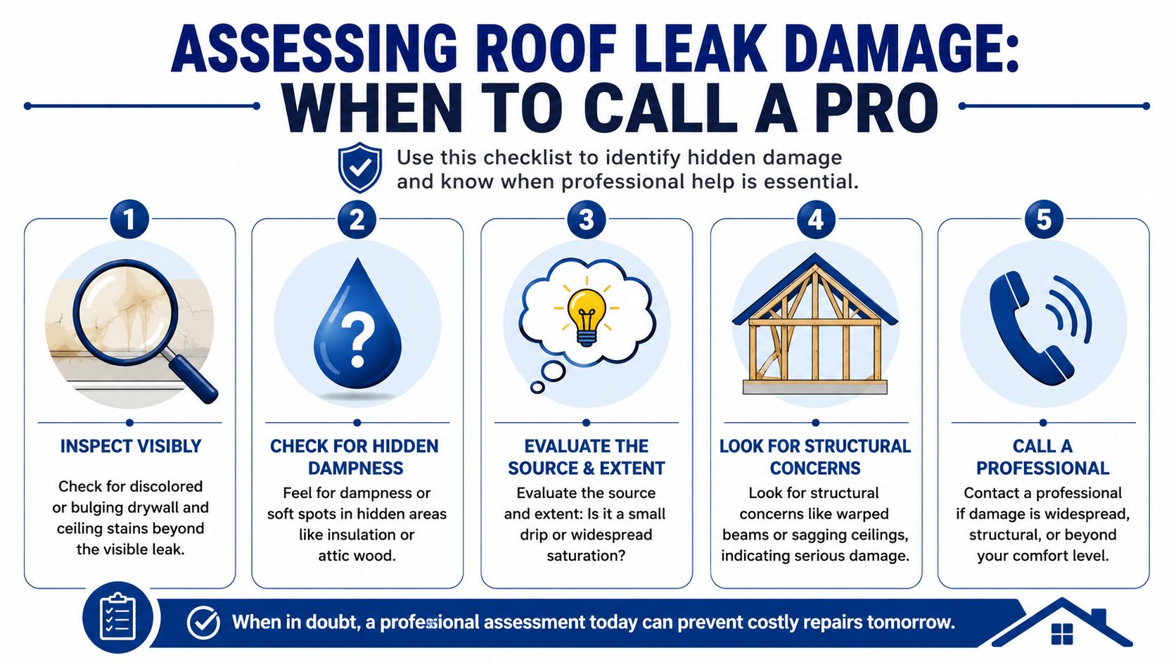 An infographic titled Assessing Roof Leak Damage featuring a five-step checklist for identifying potential home water damage.