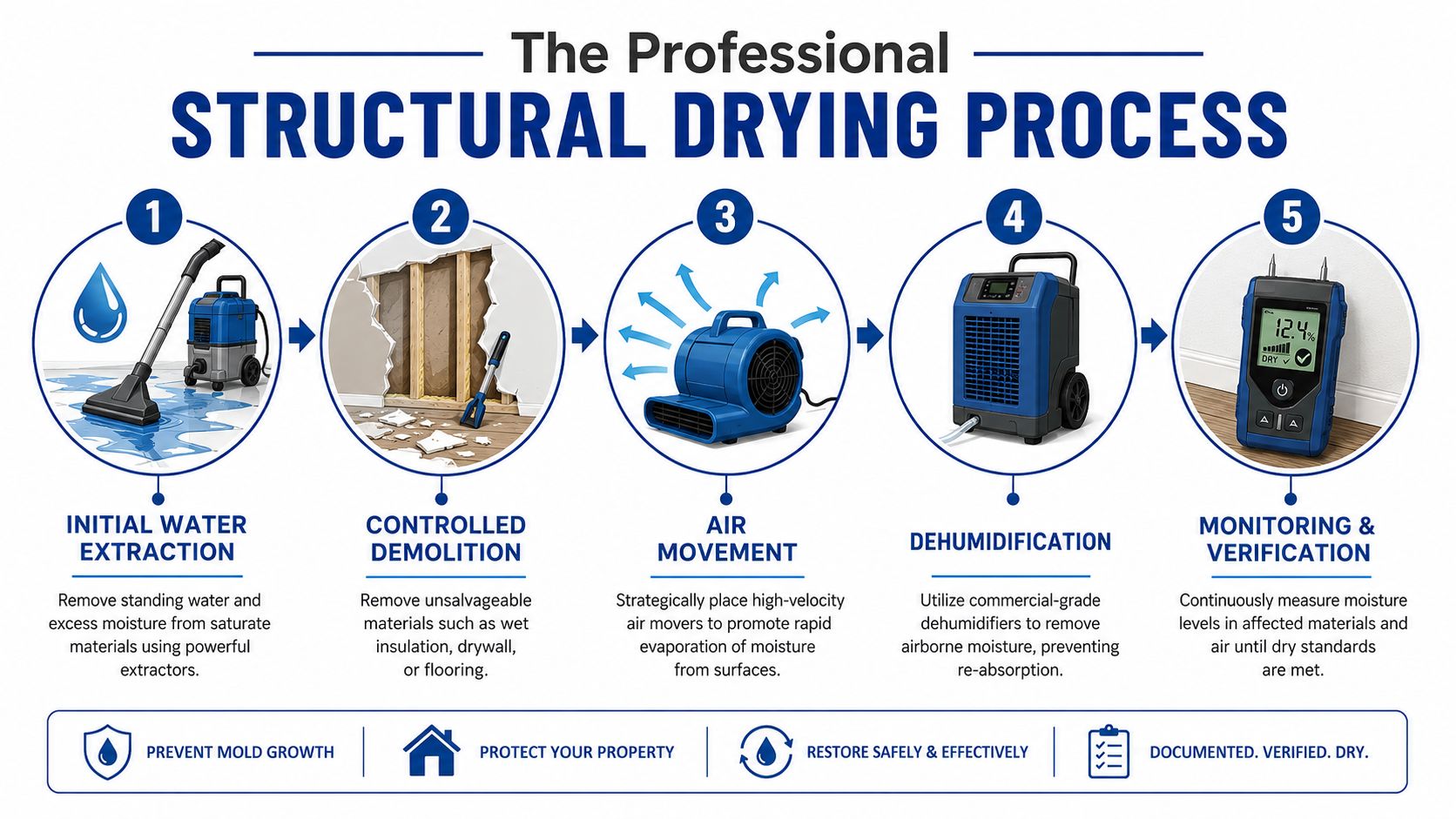 A five-step infographic showing the professional structural drying process for restoring properties after water damage.