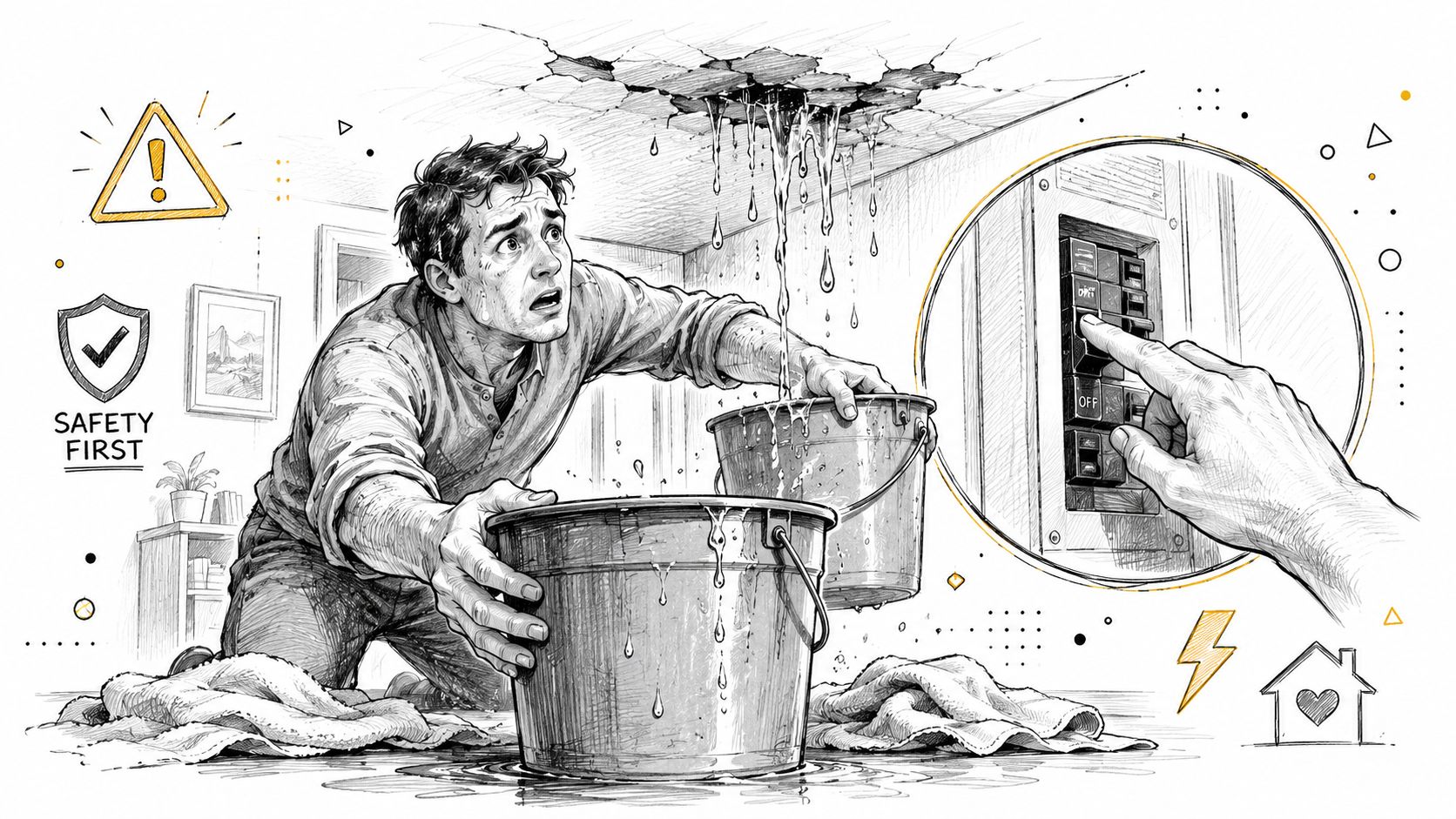 A concerned man using buckets to catch water leaking from his ceiling during an emergency situation.