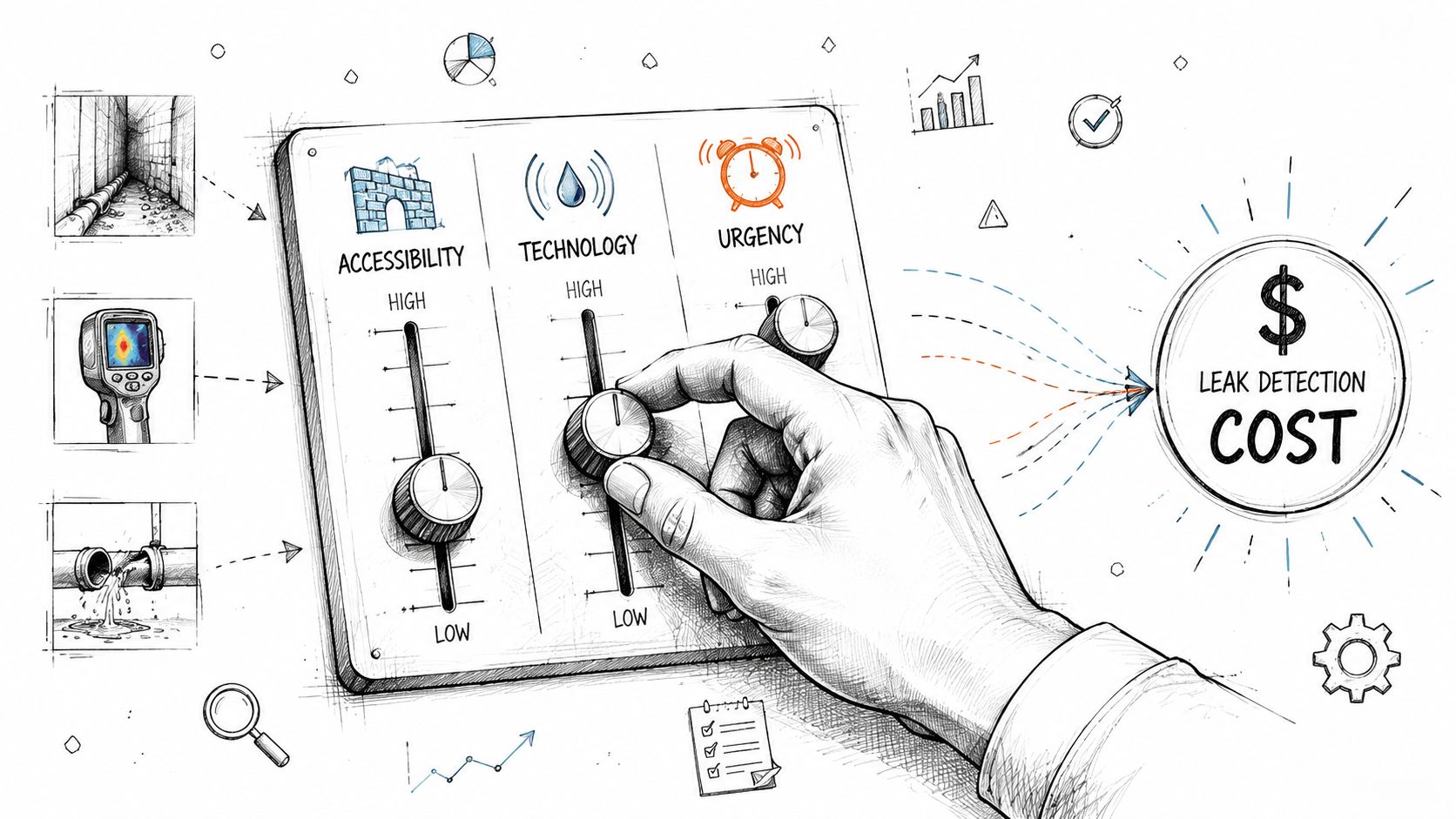 A hand adjusting dials labeled accessibility, technology, and urgency to influence the overall leak detection cost.