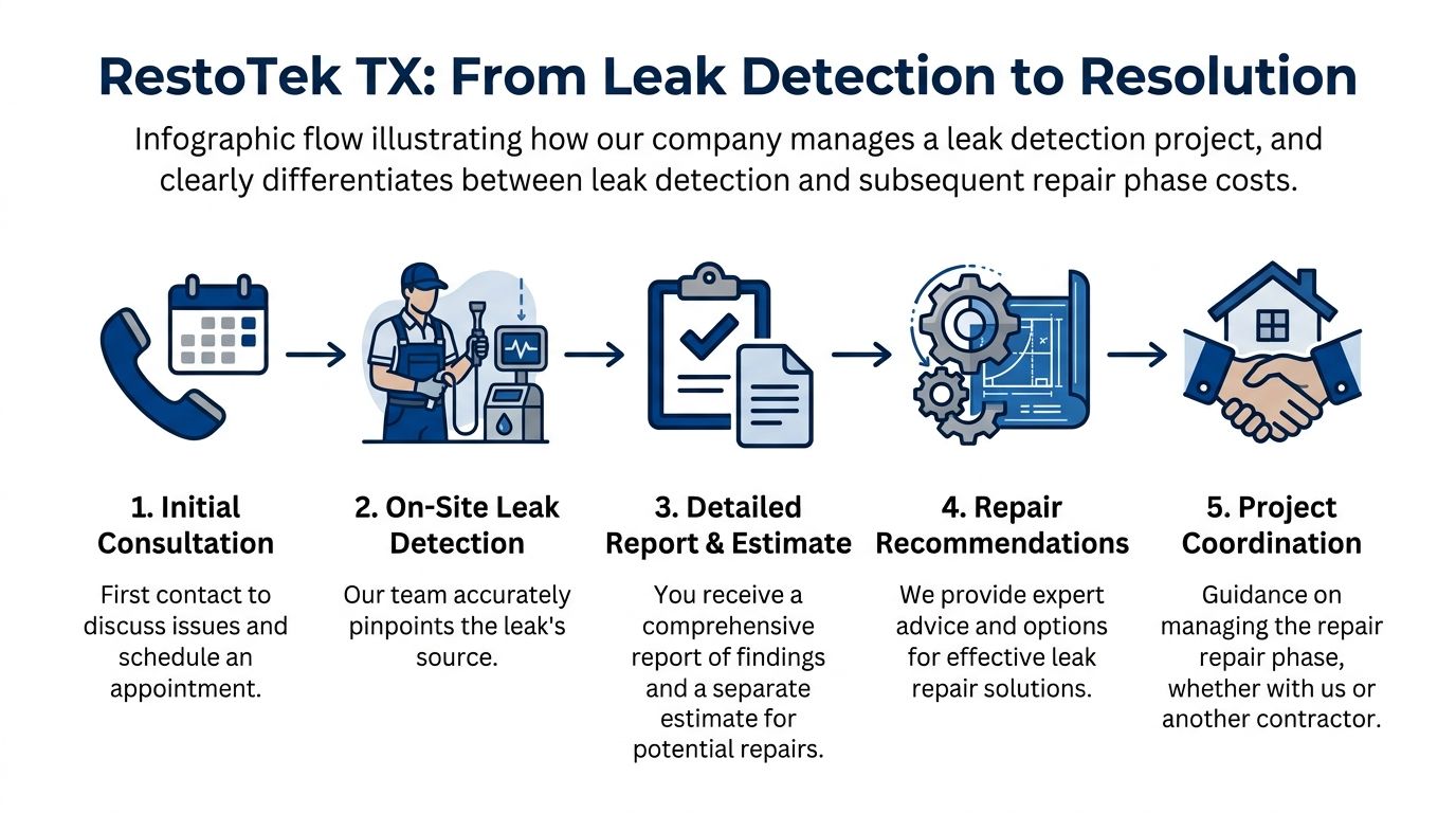 An infographic showing the five-step process of leak detection and resolution services by RestoTek TX.
