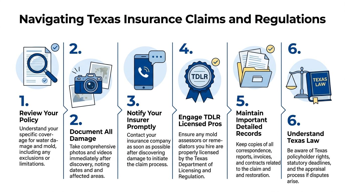 A six-step infographic guide for navigating Texas insurance claims and regulations regarding property damage and mold.