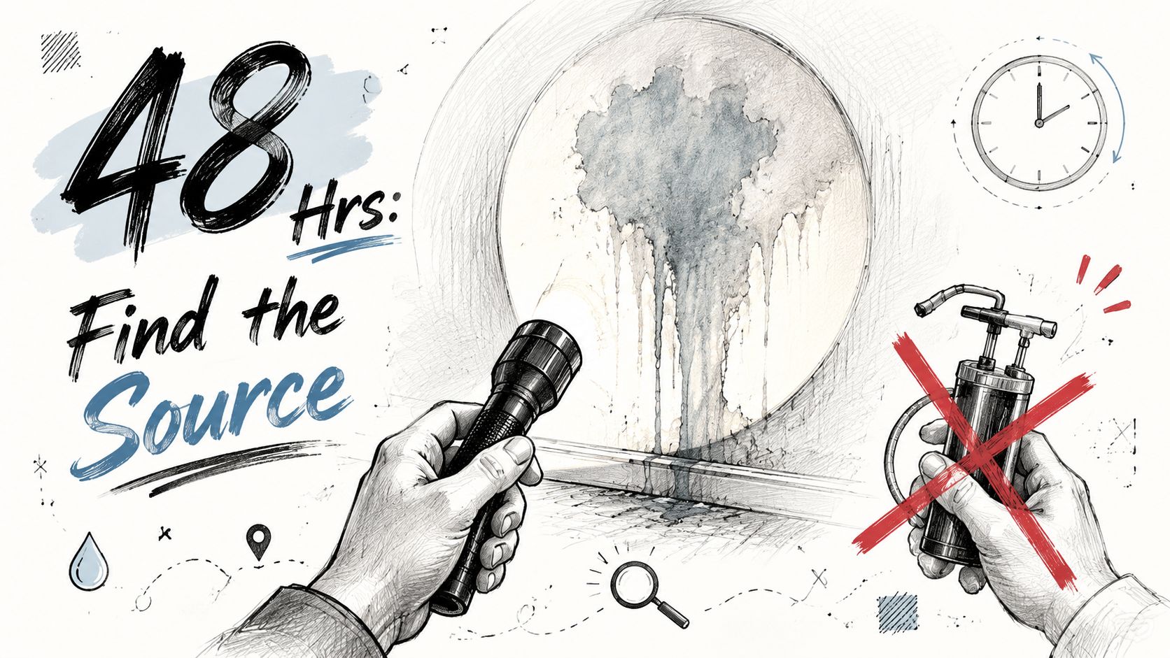 A hand holding a flashlight searches for a source of mold on a circular wall section.