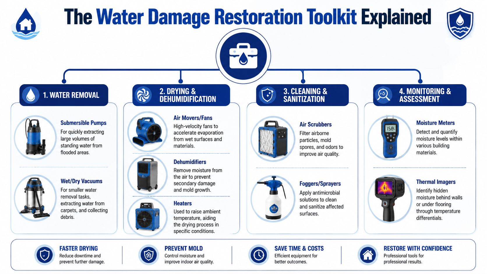 An infographic detailing essential water damage restoration tools categorized by water removal, drying, sanitization, and monitoring.