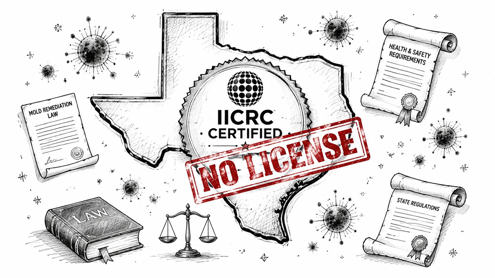 A hand-drawn illustration showing the state of Texas with IICRC certification, mold symbols, and legal documents.