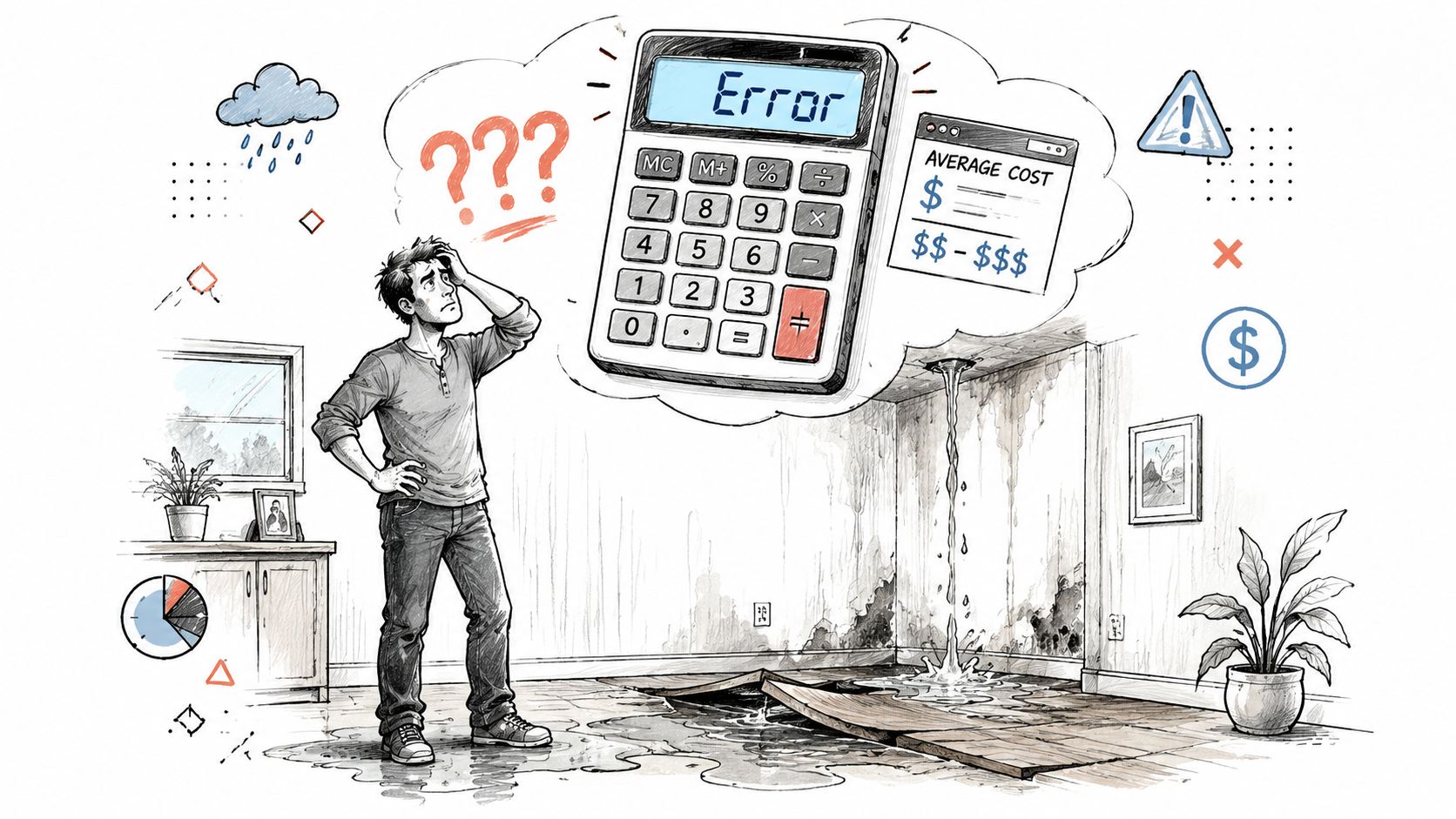 A concerned person contemplates the expensive costs of home water damage repair shown by a calculator icon.