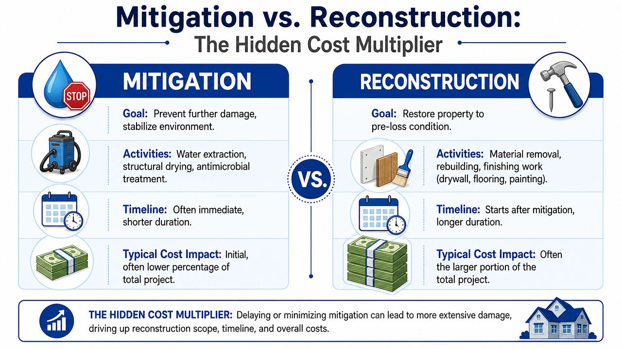 A comparison infographic showing the differences between water damage mitigation and property reconstruction processes and costs.