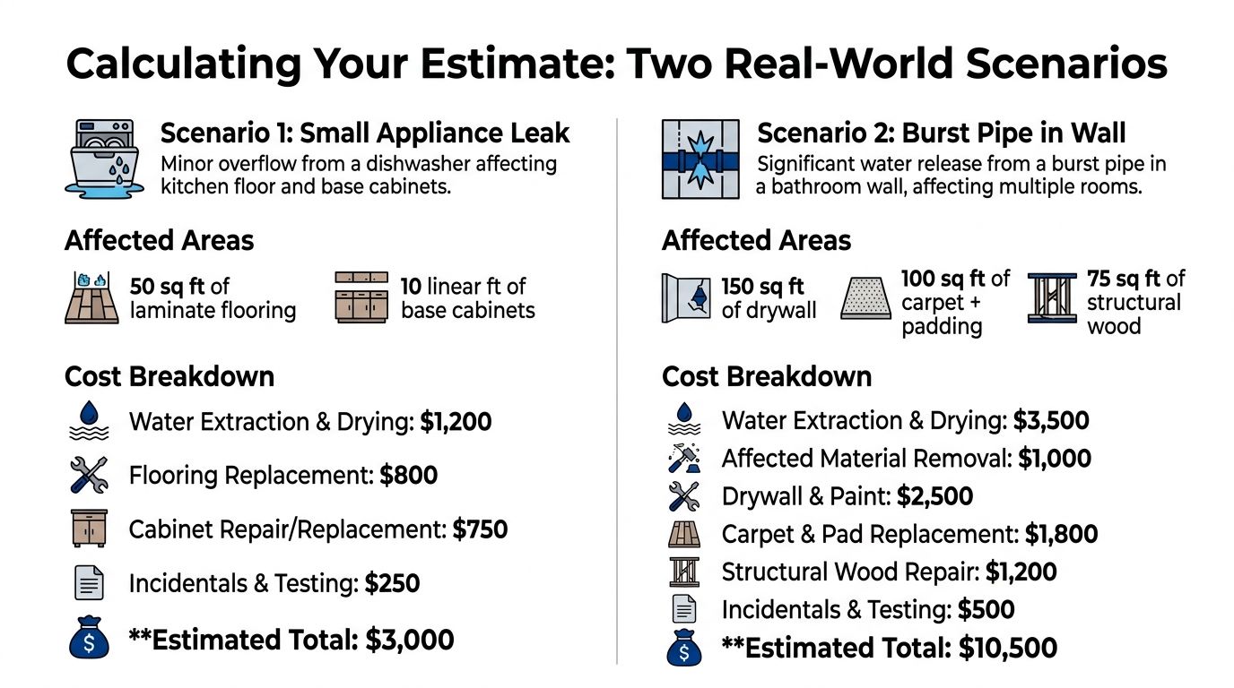 An infographic showing cost breakdowns for two water damage scenarios: a small dishwasher leak versus a burst pipe.