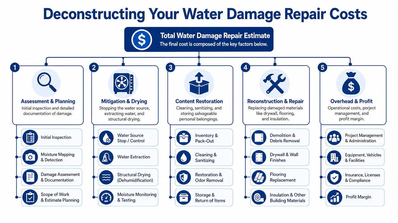 A comprehensive infographic illustrating the five key factors that contribute to total water damage repair costs.