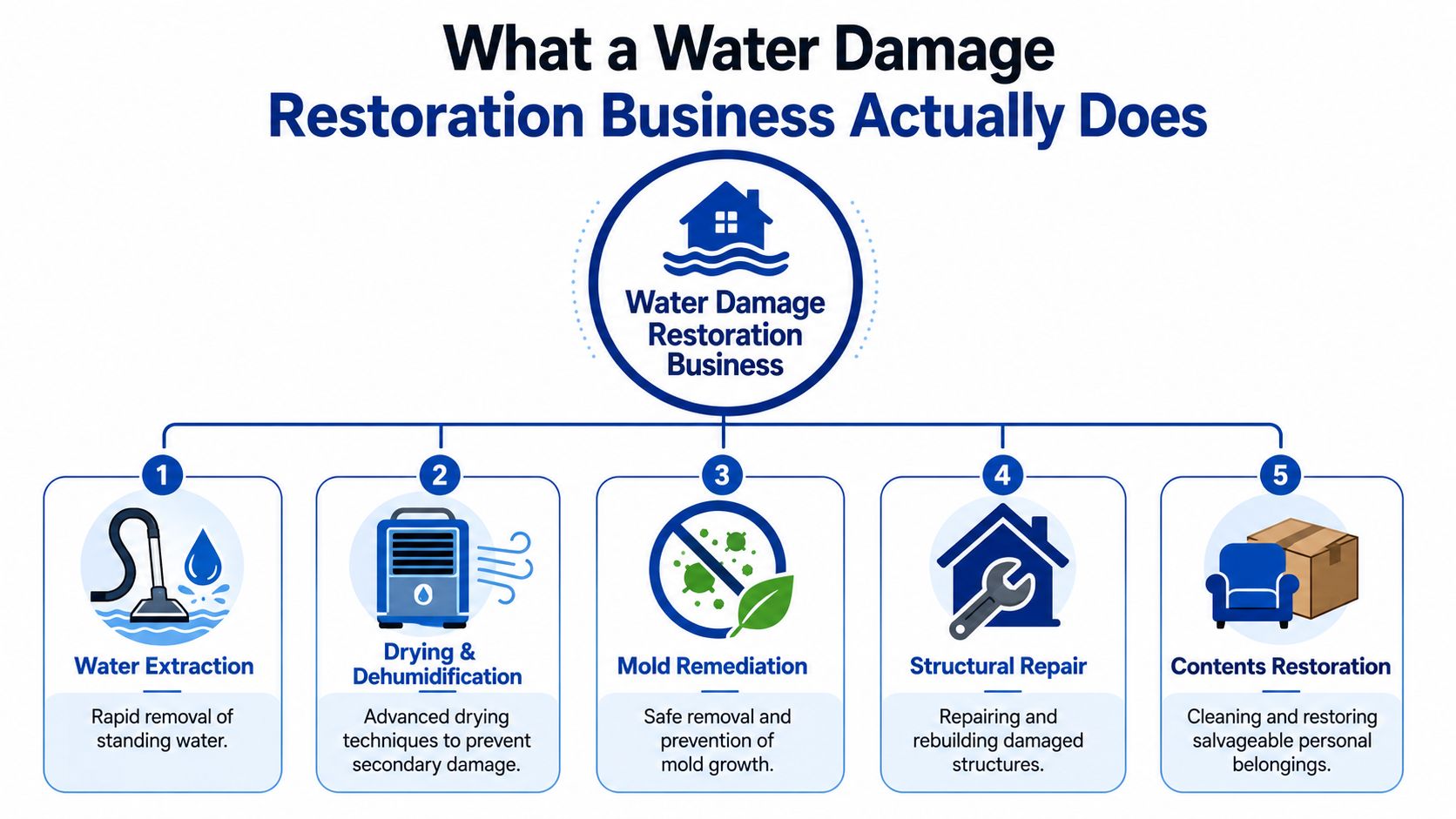 An infographic detailing the five essential steps of professional water damage restoration services for property owners.