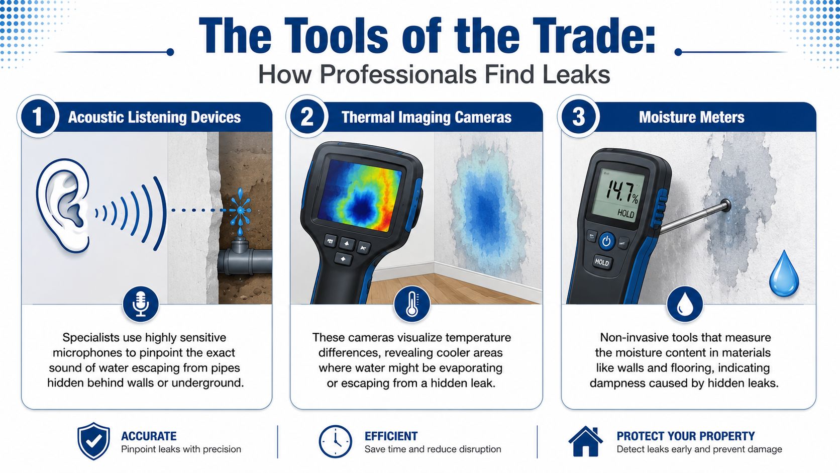 An infographic showing three professional tools for detecting water leaks: acoustic listening devices, thermal imaging cameras, and moisture meters.