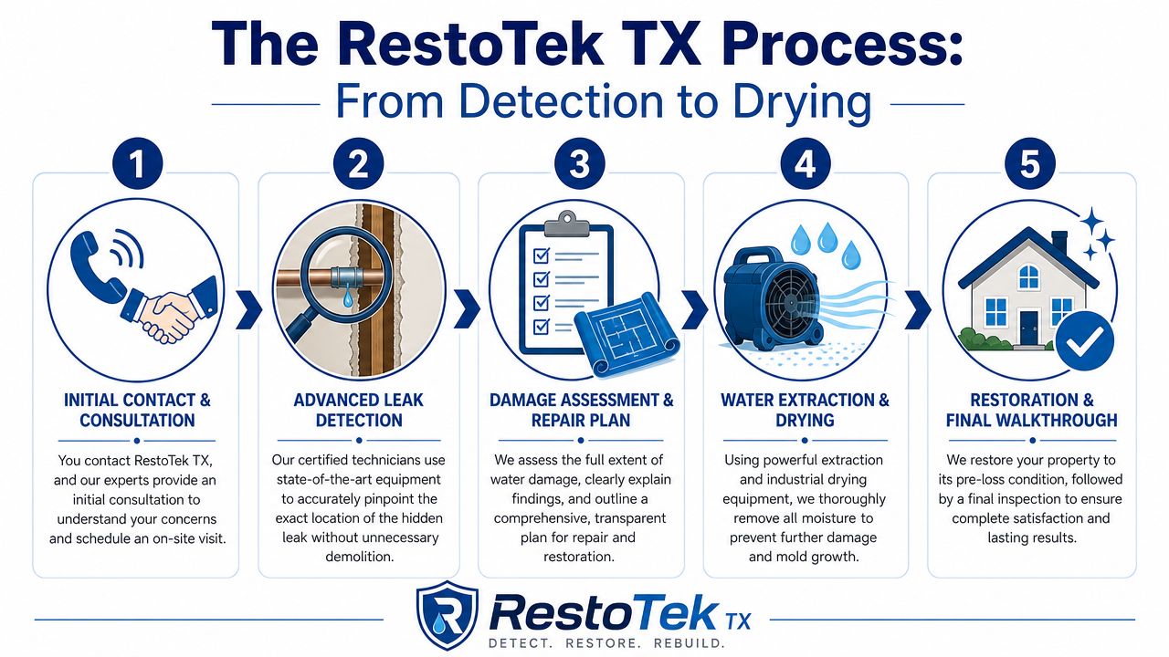 A five-step infographic explaining the professional water damage restoration process from initial consultation to final property walkthrough.