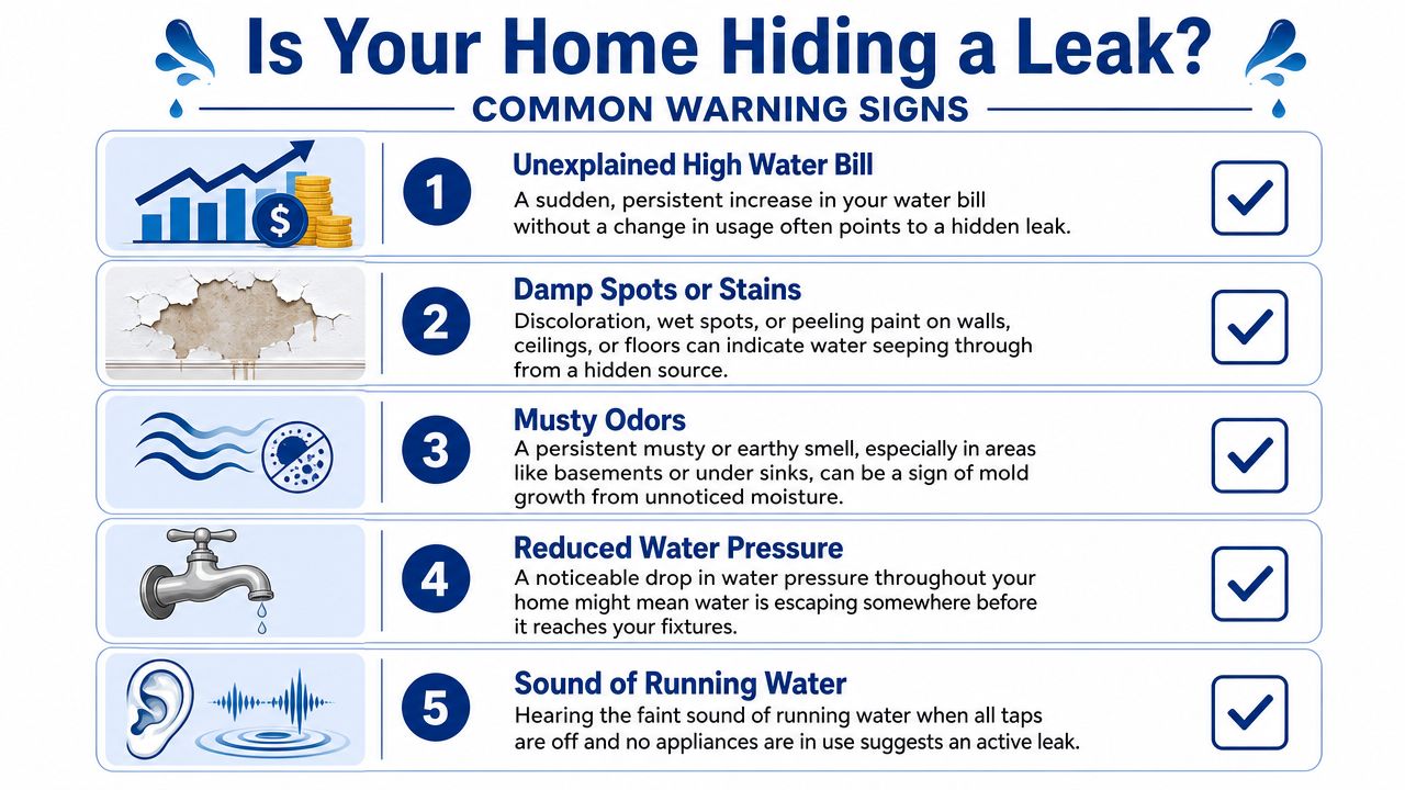 An infographic listing five common warning signs that a home might be hiding a water leak.