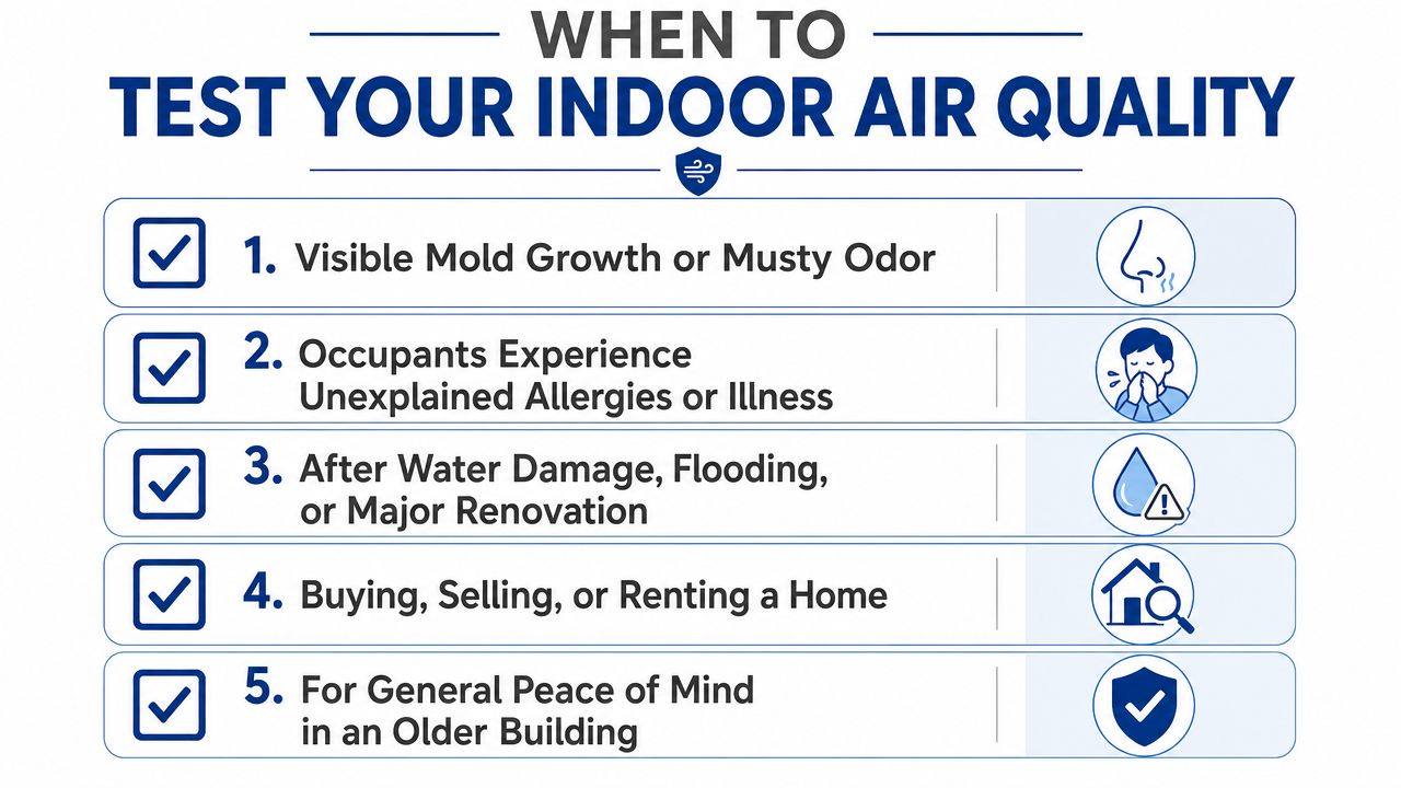 An infographic list titled When To Test Your Indoor Air Quality with five numbered health and maintenance reasons.