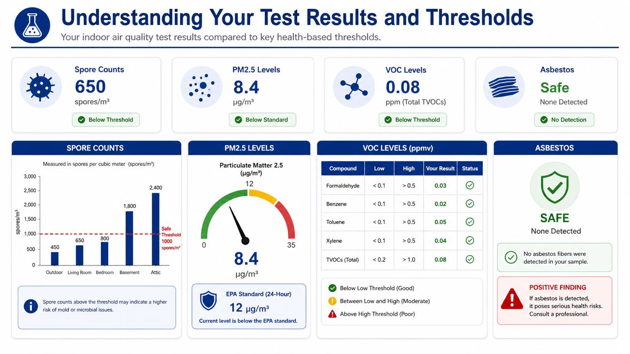 A detailed air quality report summarizing test results for mold spores, particulate matter, VOC levels, and asbestos safety.