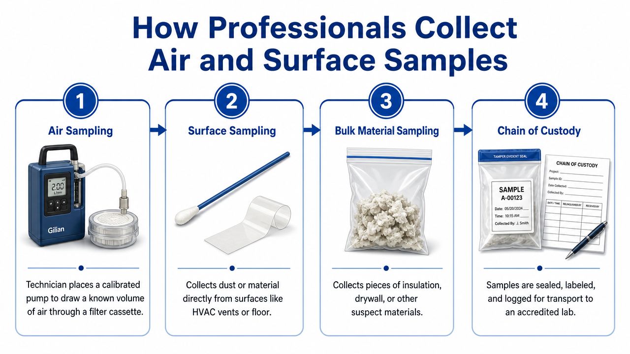 A diagram illustrating the four steps professional technicians take to collect air and surface samples for testing.