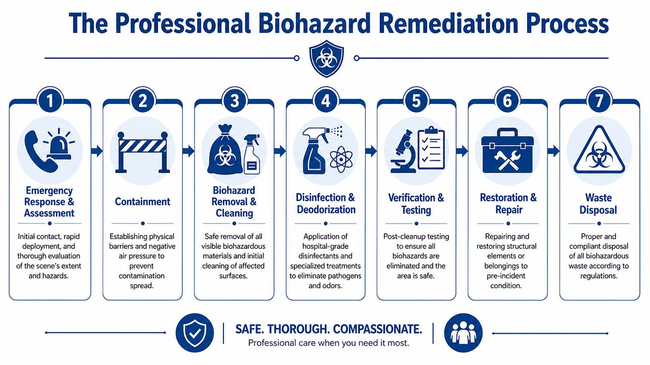 A 7-step infographic detailing the professional biohazard remediation and cleaning process from assessment to waste disposal.