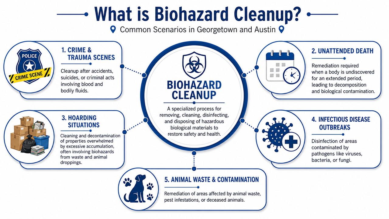 An infographic explaining biohazard cleanup services including crime scenes, hoarding, and infectious disease outbreaks.