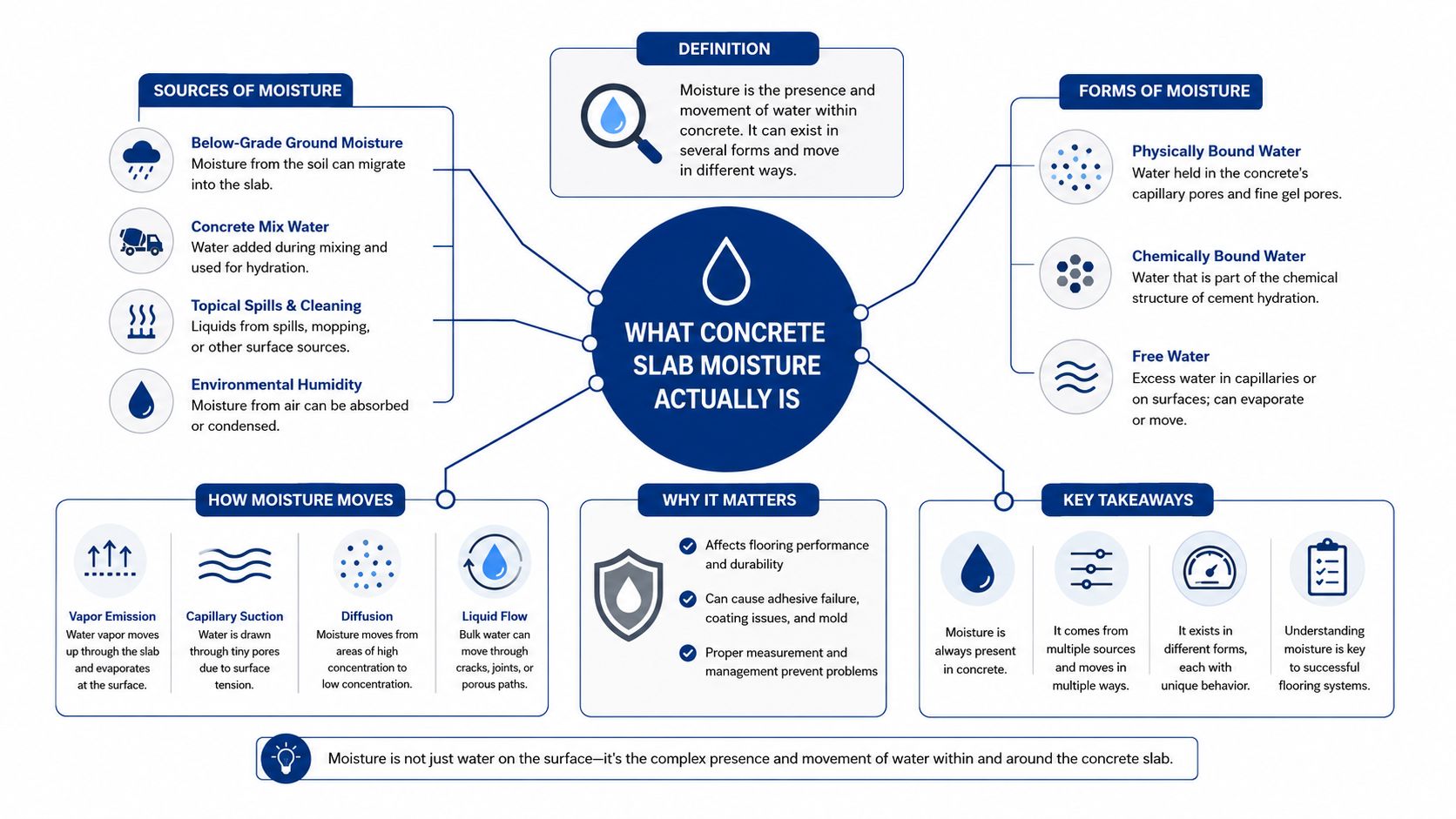 A comprehensive infographic explaining the sources, forms, movement, and importance of moisture within concrete slabs.