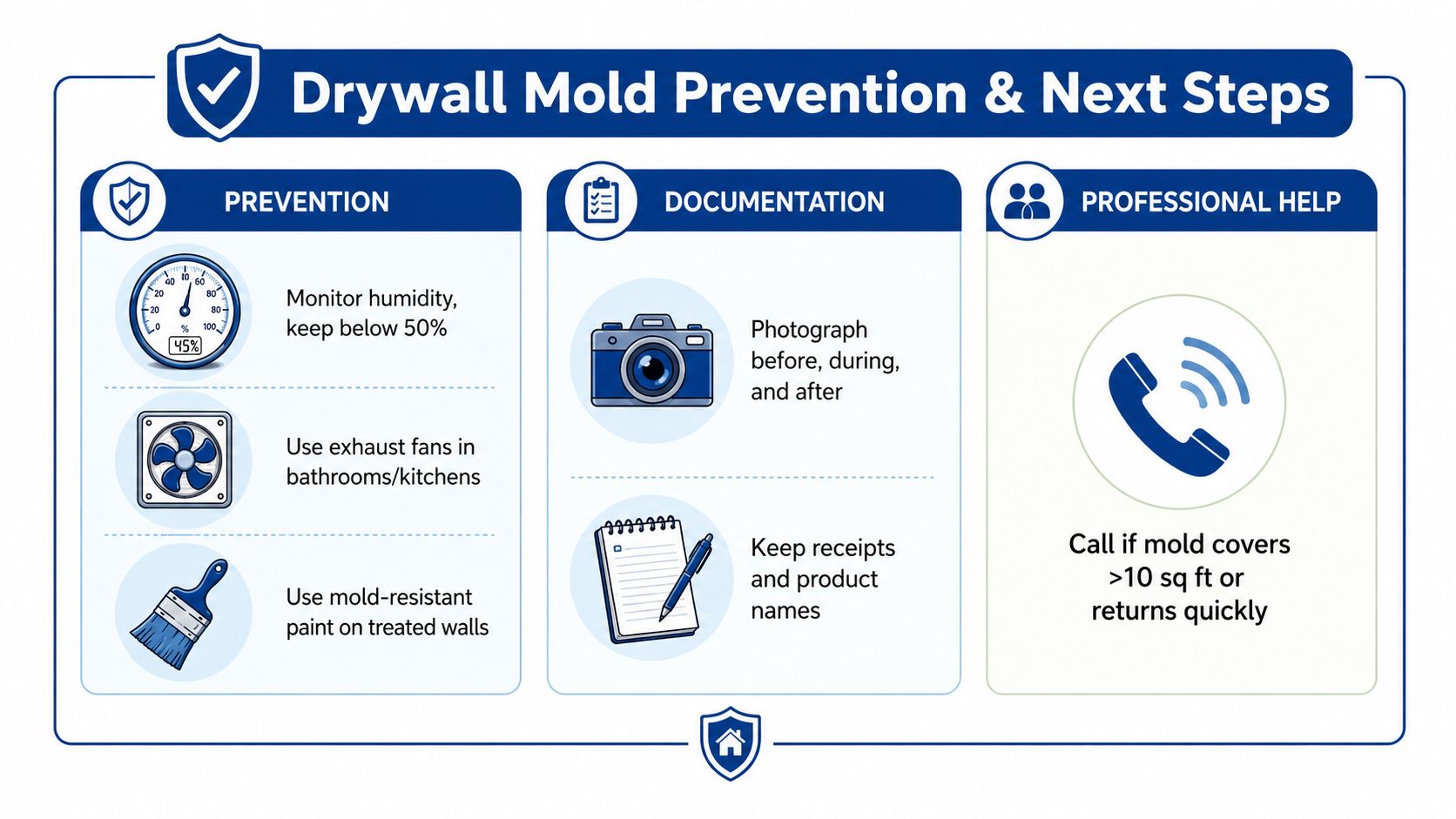 An infographic titled Drywall Mold Prevention and Next Steps providing tips on moisture, documentation, and professional help.
