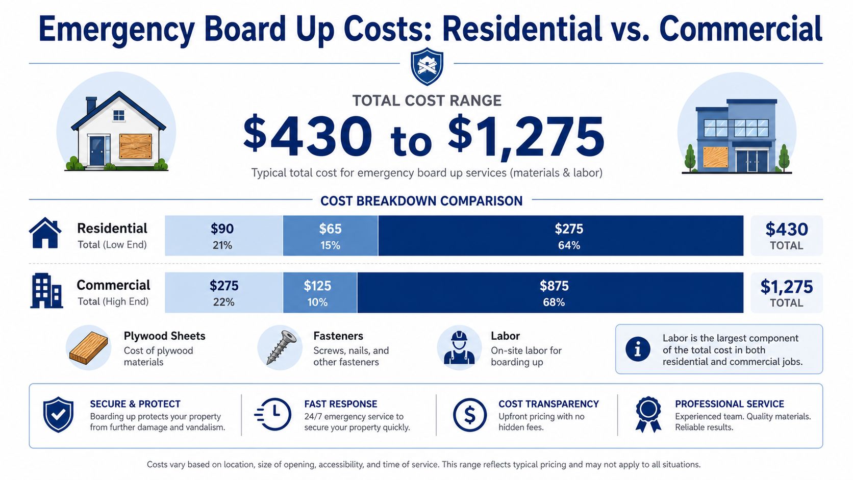 An infographic comparing the typical costs of emergency board up services for residential and commercial properties.