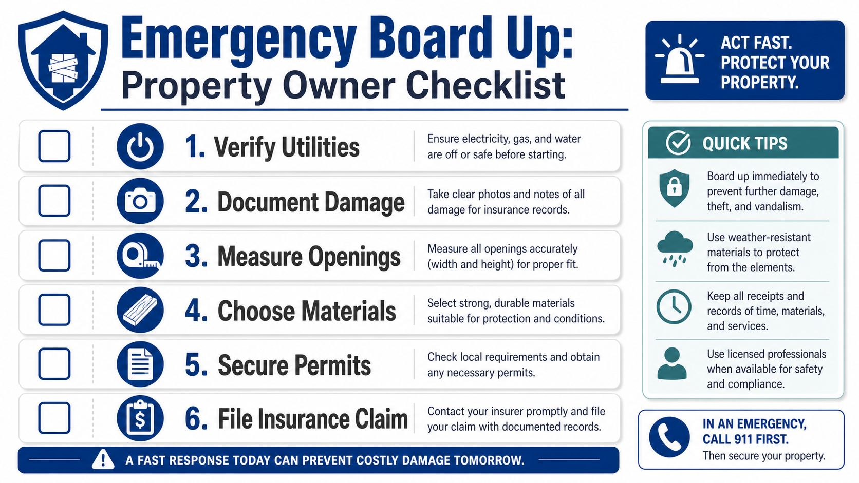 A checklist for property owners on how to properly board up a building during an emergency situation.