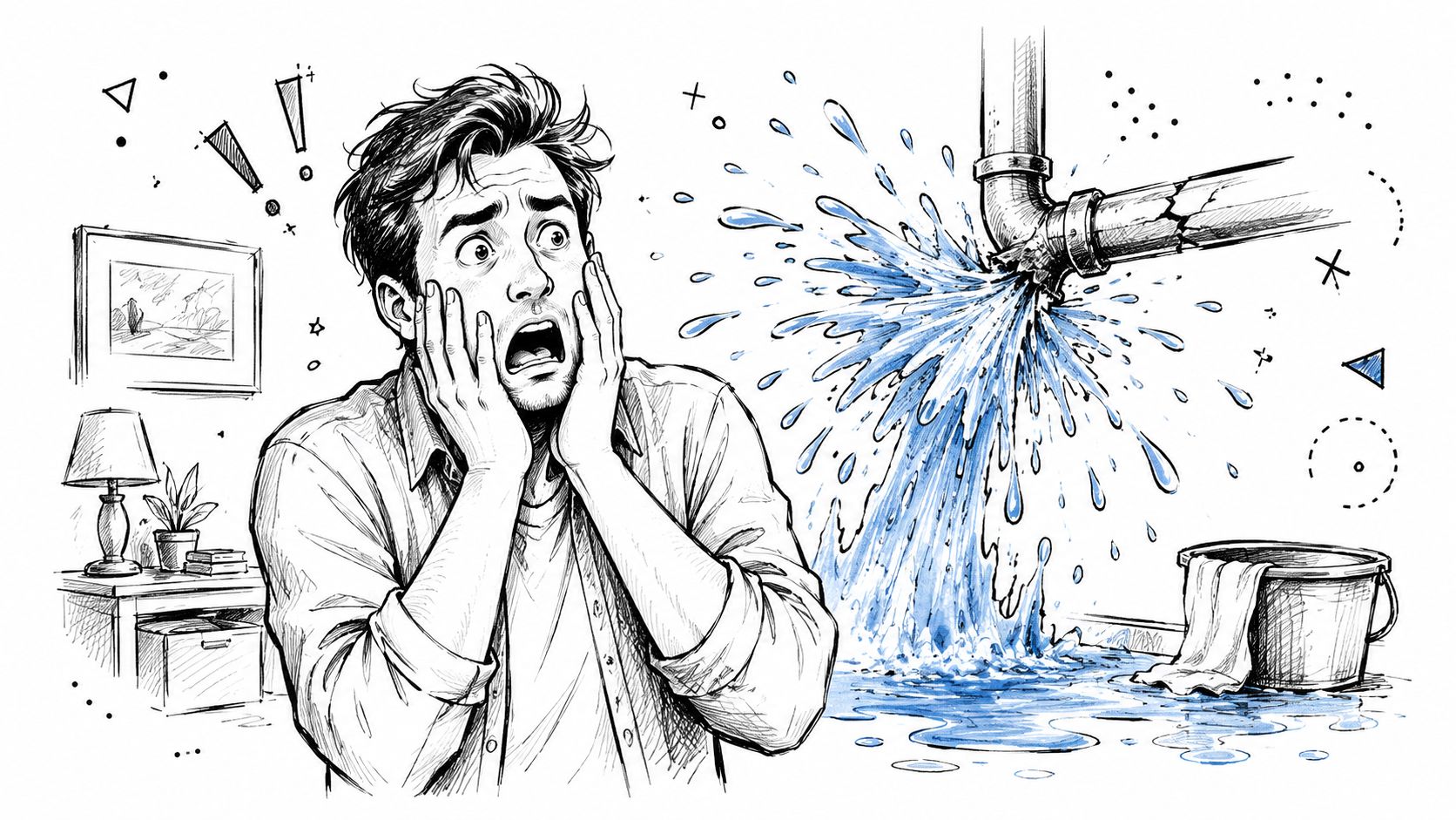 A distressed man reacting to a broken, spraying pipe causing a flood in his home.