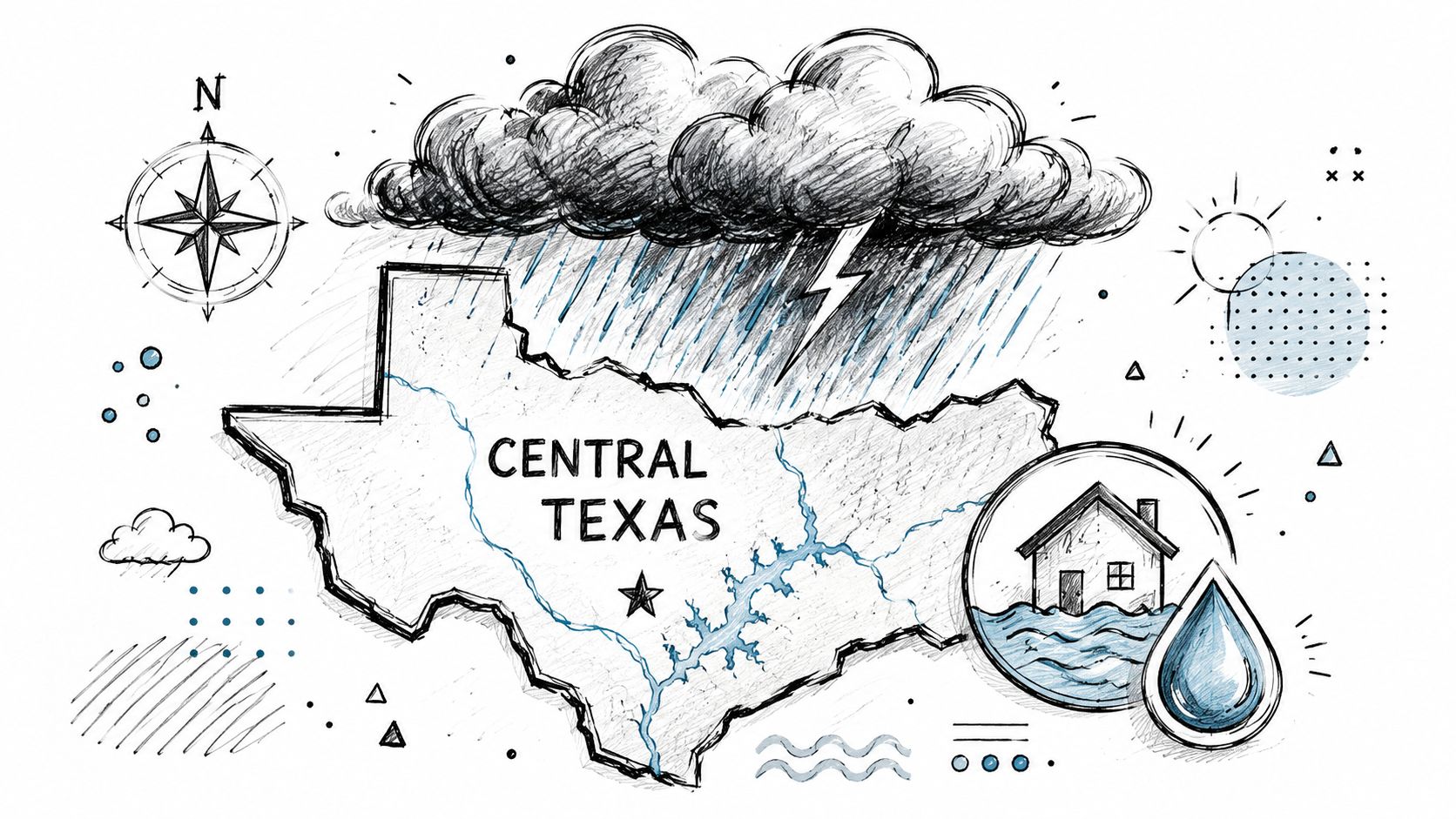 A hand-drawn illustration depicting a stormy weather pattern over a map labeled Central Texas.
