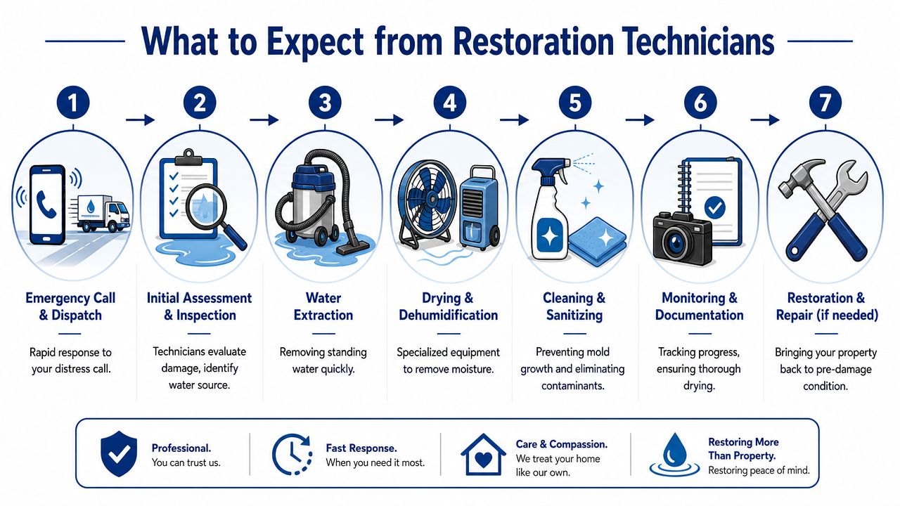 A seven step infographic illustrating the professional emergency water damage restoration process from inspection to final repairs.