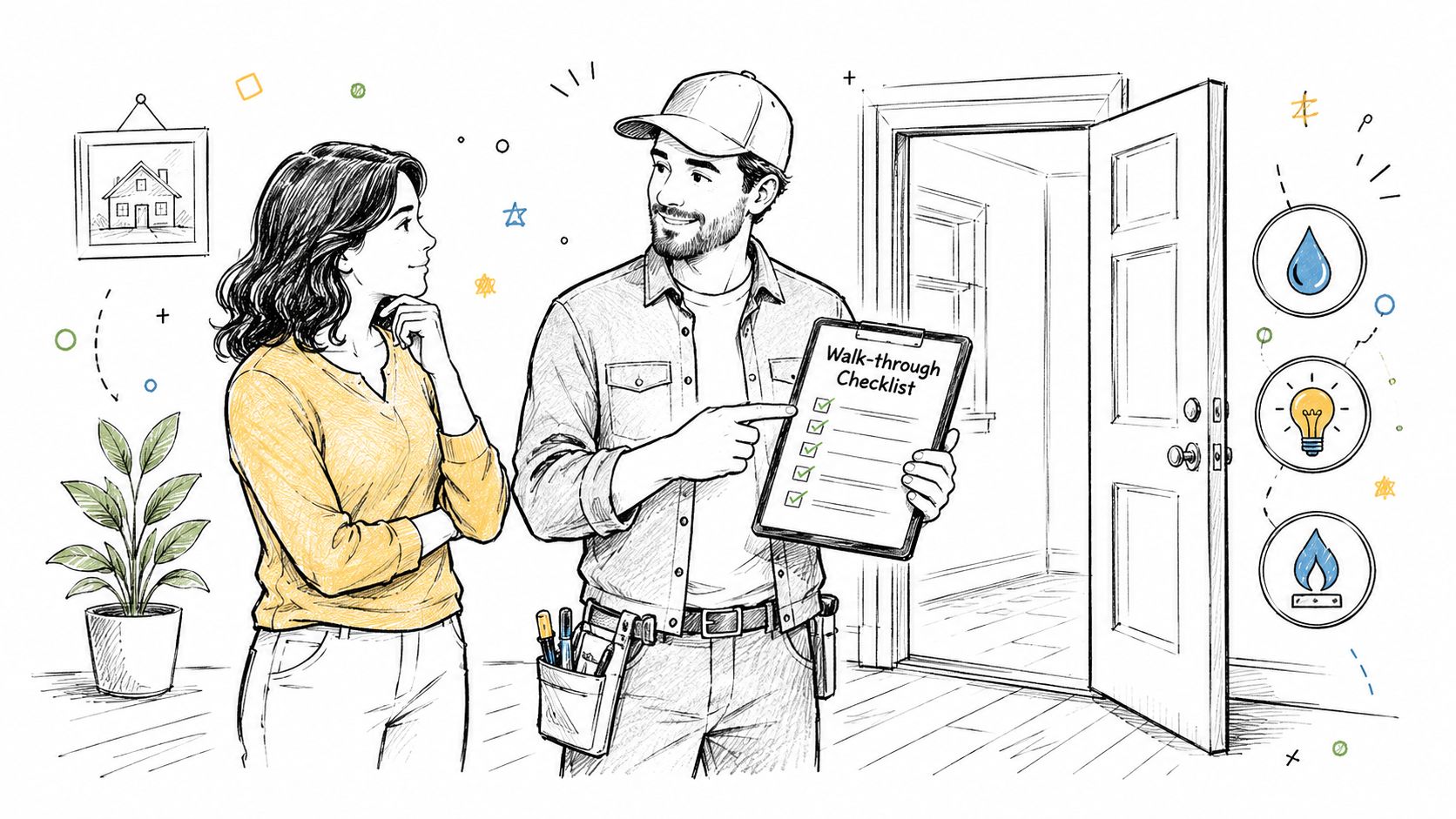 A service technician with a clipboard showing a walk-through checklist to a woman inside a home.