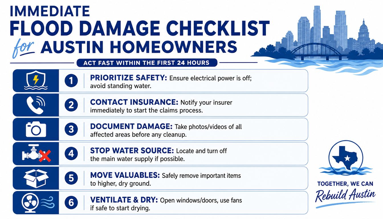 An infographic titled Immediate Flood Damage Checklist for Austin Homeowners with six numbered safety steps.