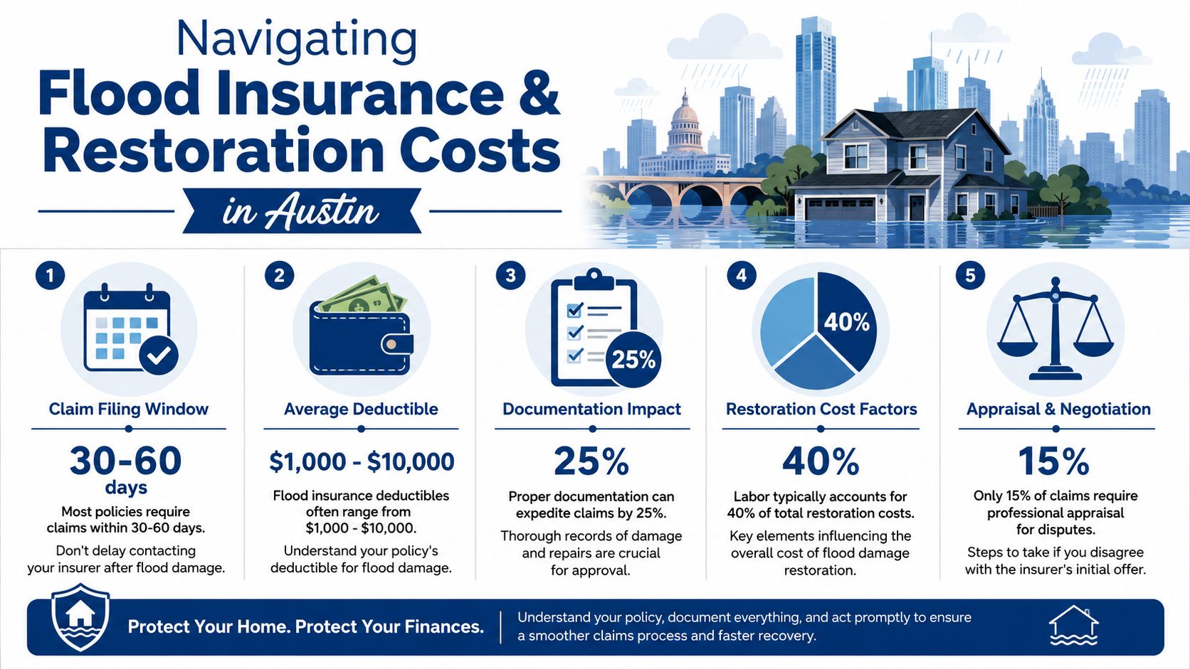 An infographic detailing five key steps and statistics for navigating flood insurance and restoration costs in Austin.