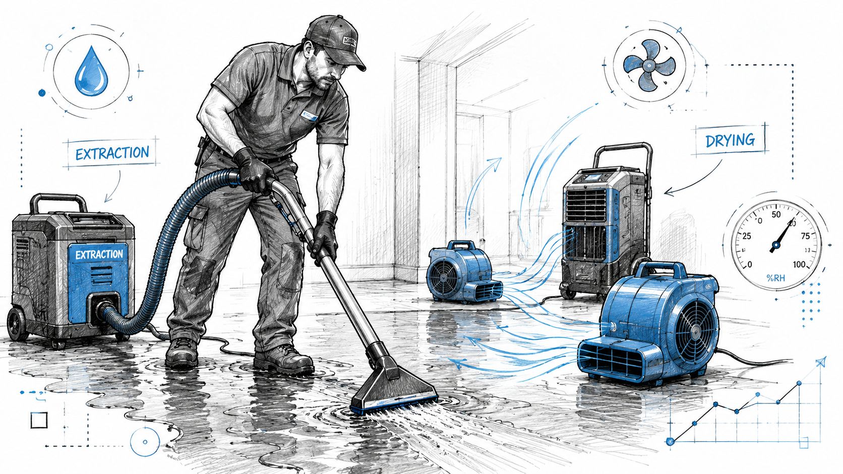 A professional technician using industrial equipment for water extraction and drying services after flood damage.