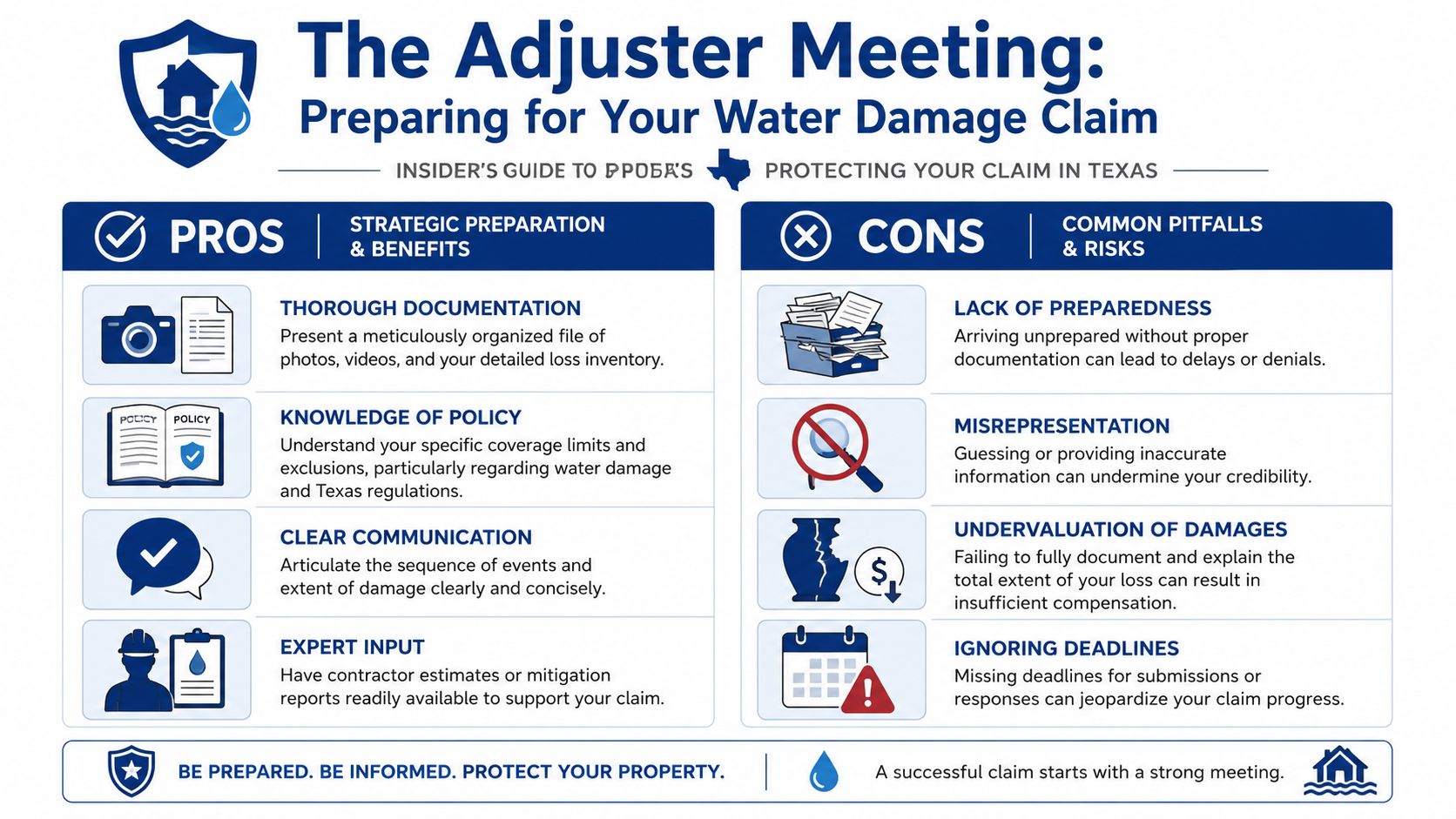 An infographic titled The Adjuster Meeting detailing tips for preparing for a home water damage insurance claim.