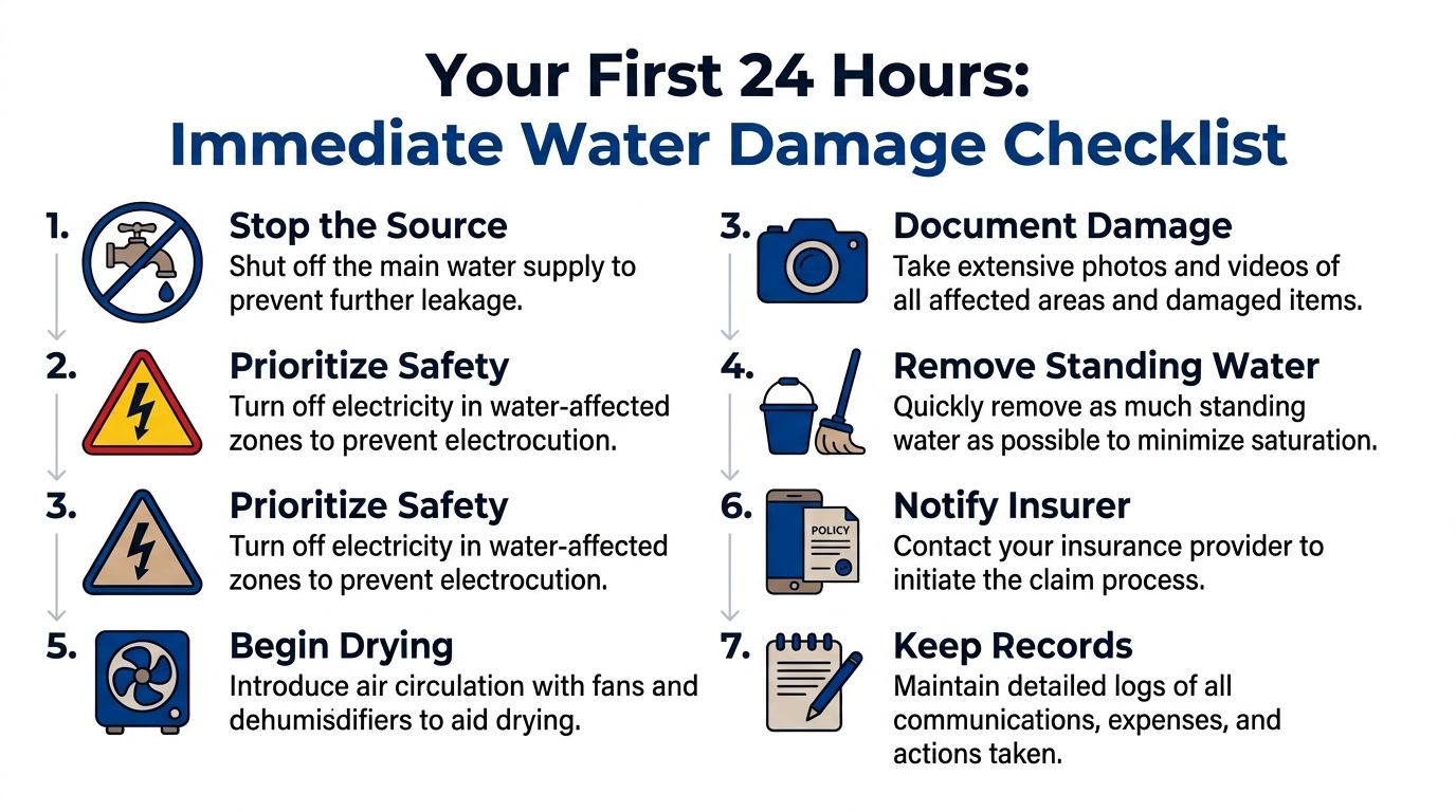 An infographic checklist for the first 24 hours of immediate water damage in a home.