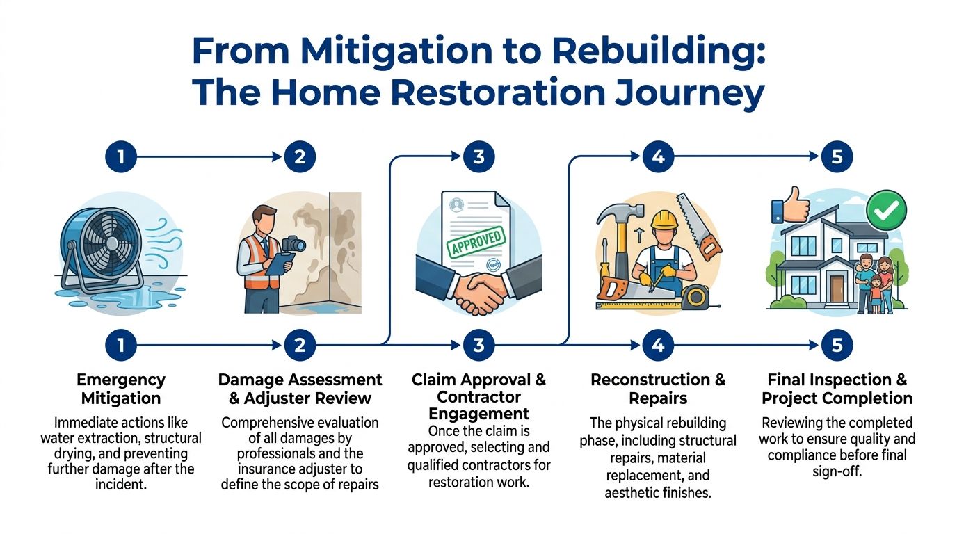 A five-step infographic illustrating the home restoration journey from emergency water damage mitigation to project completion.