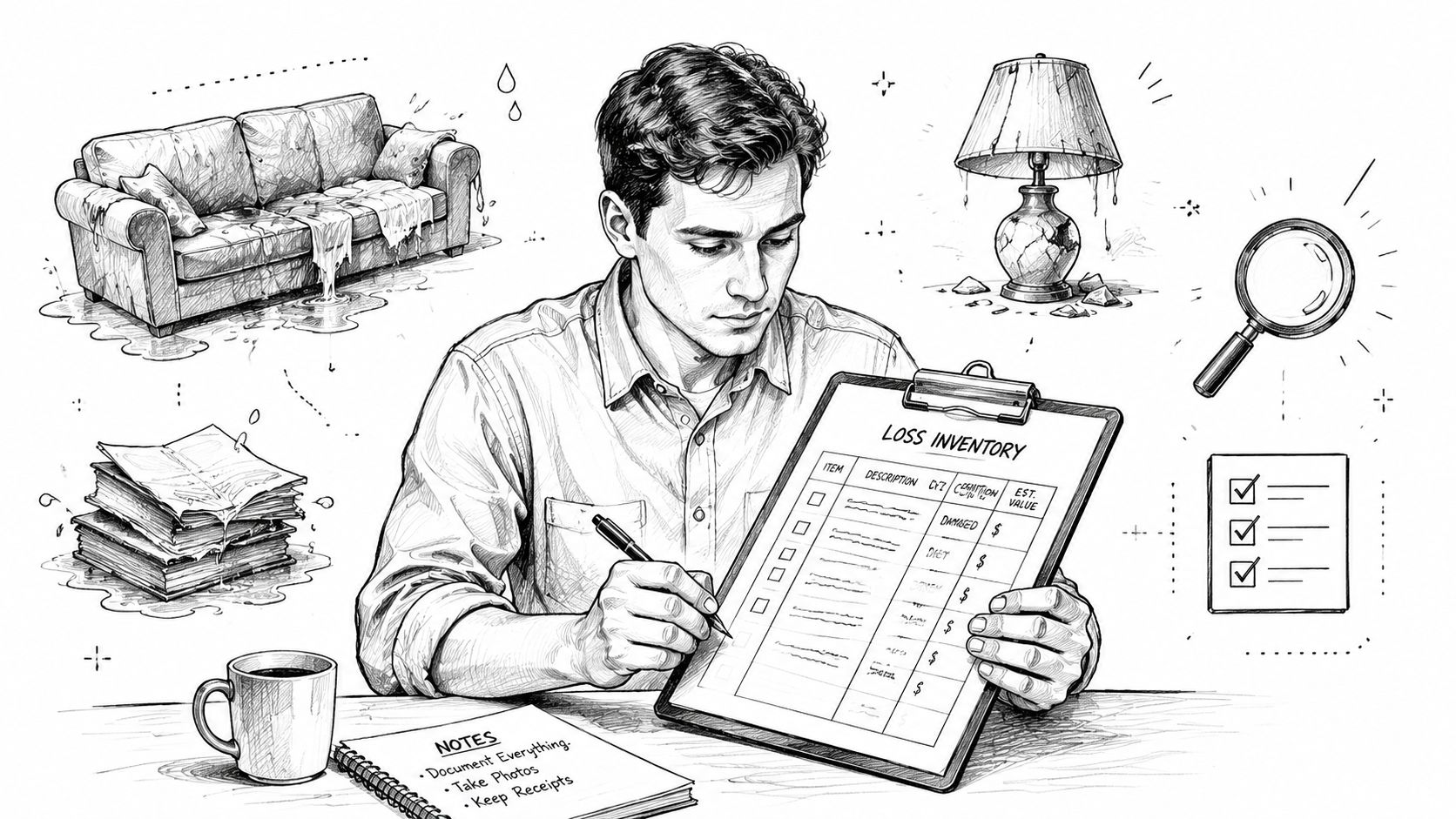 A man carefully filling out a home loss inventory form following water damage to his household items.