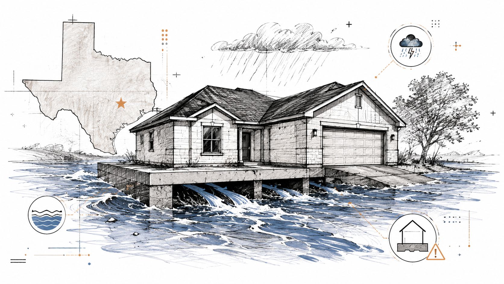 A conceptual sketch of a house in Texas surrounded by floodwaters with weather warning icons.