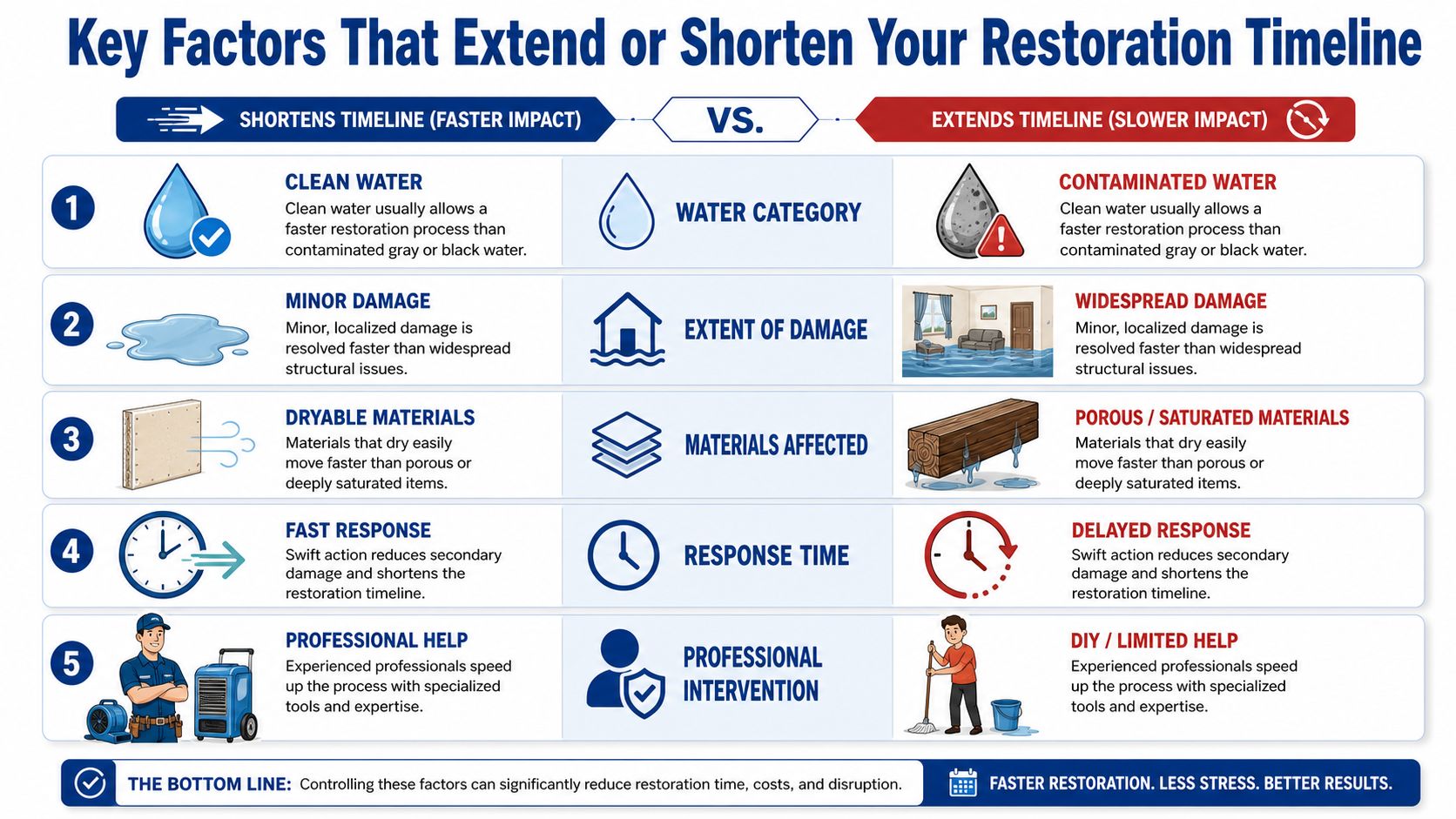 A comparison chart outlining key factors that determine how fast or slow a water restoration process takes.