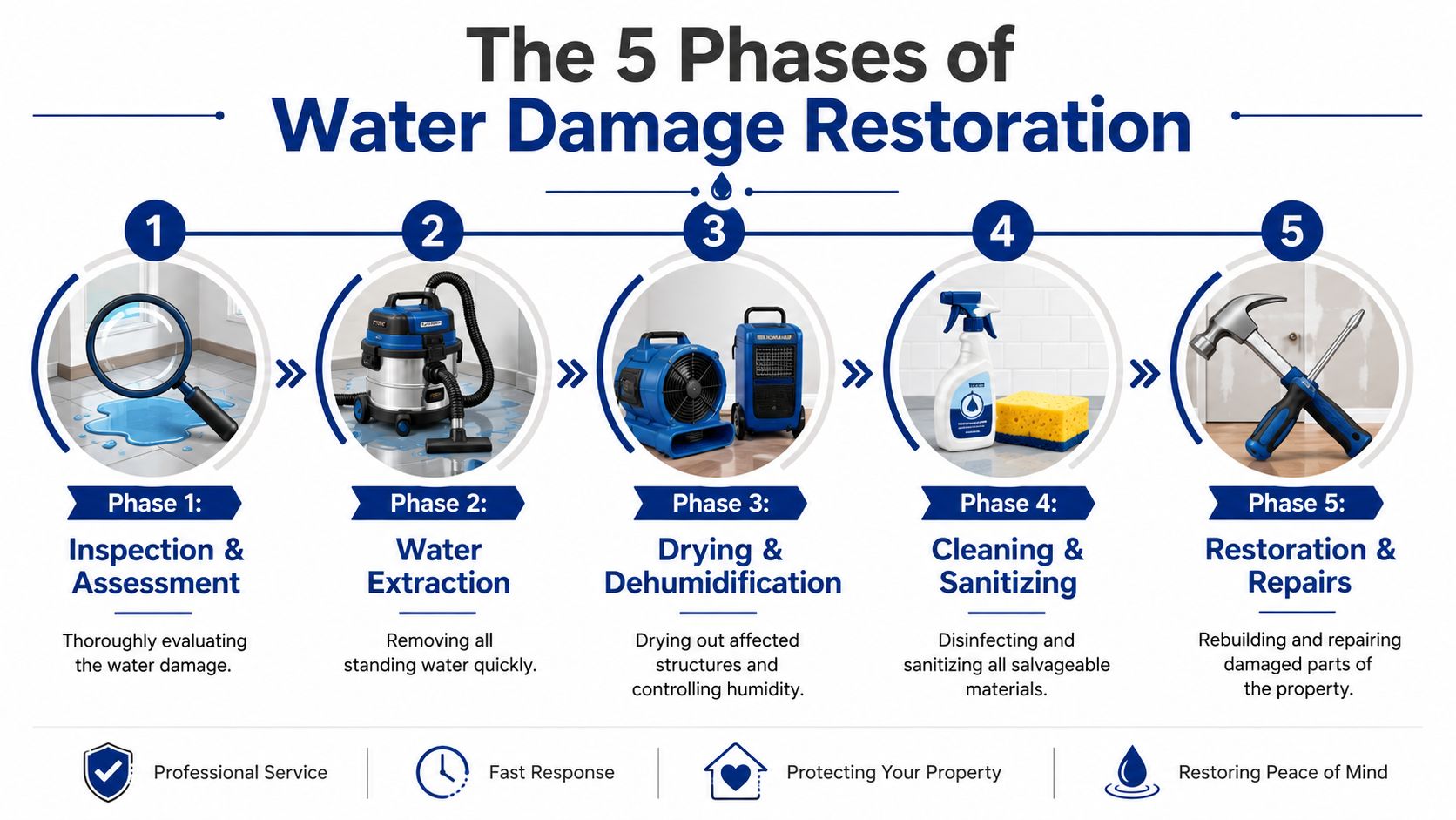 A diagram outlining the 5 phases of water damage restoration, from initial inspection to final structural repairs.