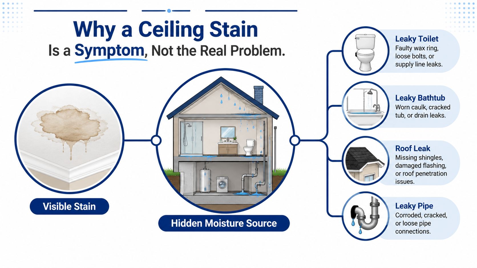 An infographic showing that a ceiling stain is a symptom caused by hidden plumbing or roof leaks.