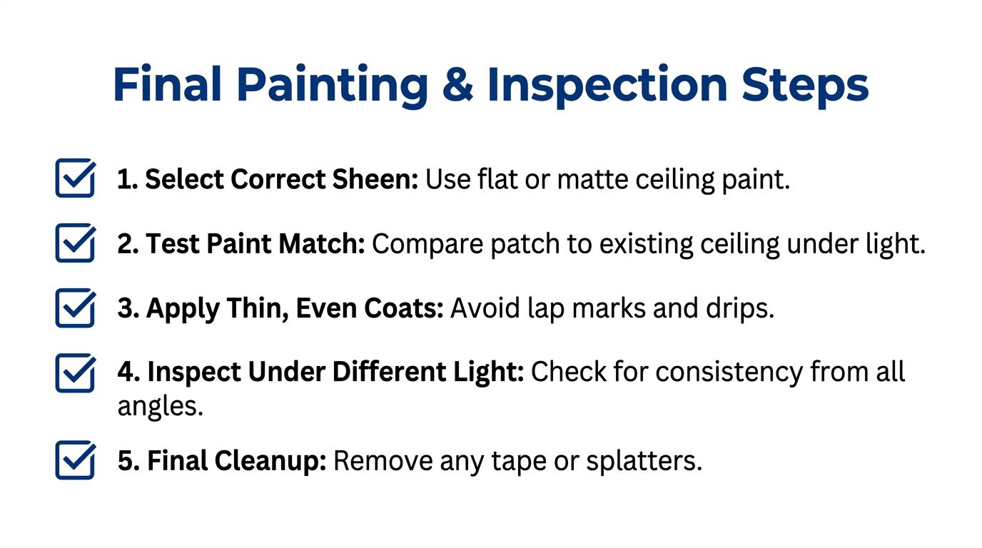 A checklist showing five final painting and inspection steps for repairing a ceiling stain.