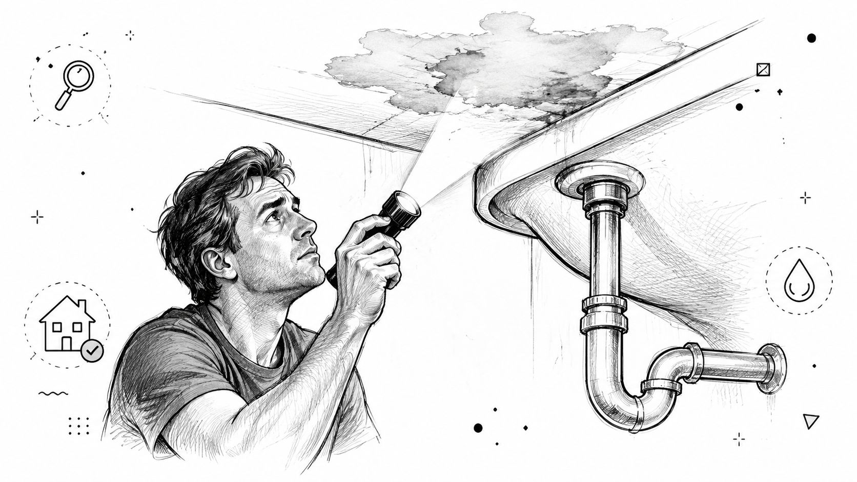 A man using a flashlight to inspect a water stain on the ceiling near bathroom plumbing.