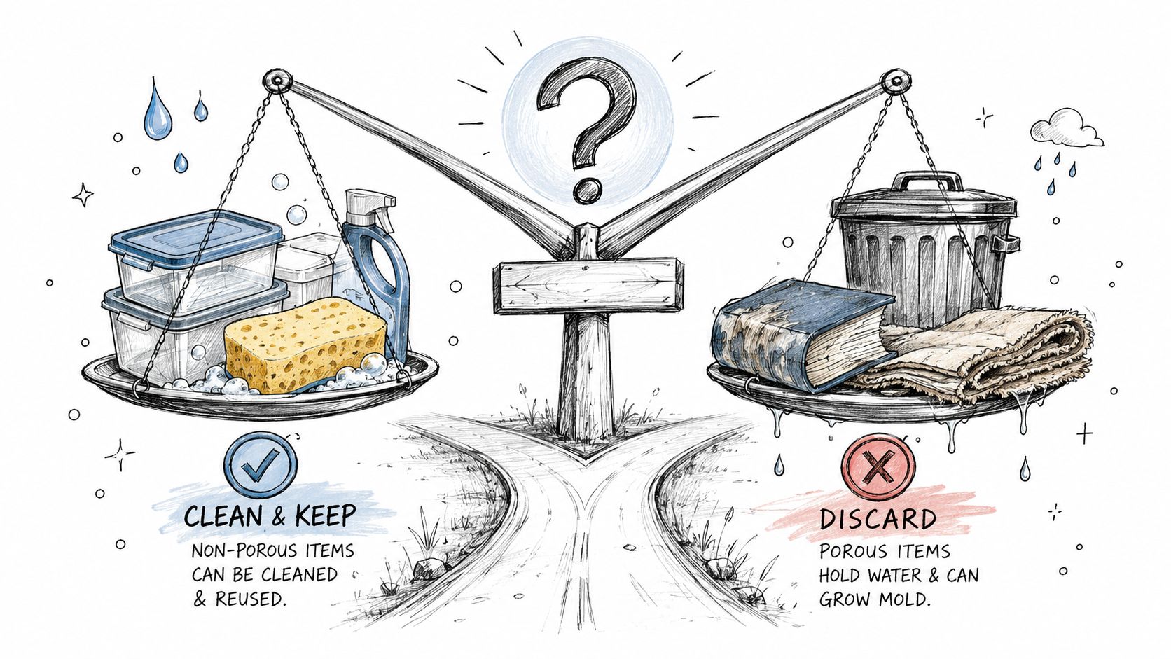 A balance scale illustrating items to clean and keep versus porous items to discard after water damage.